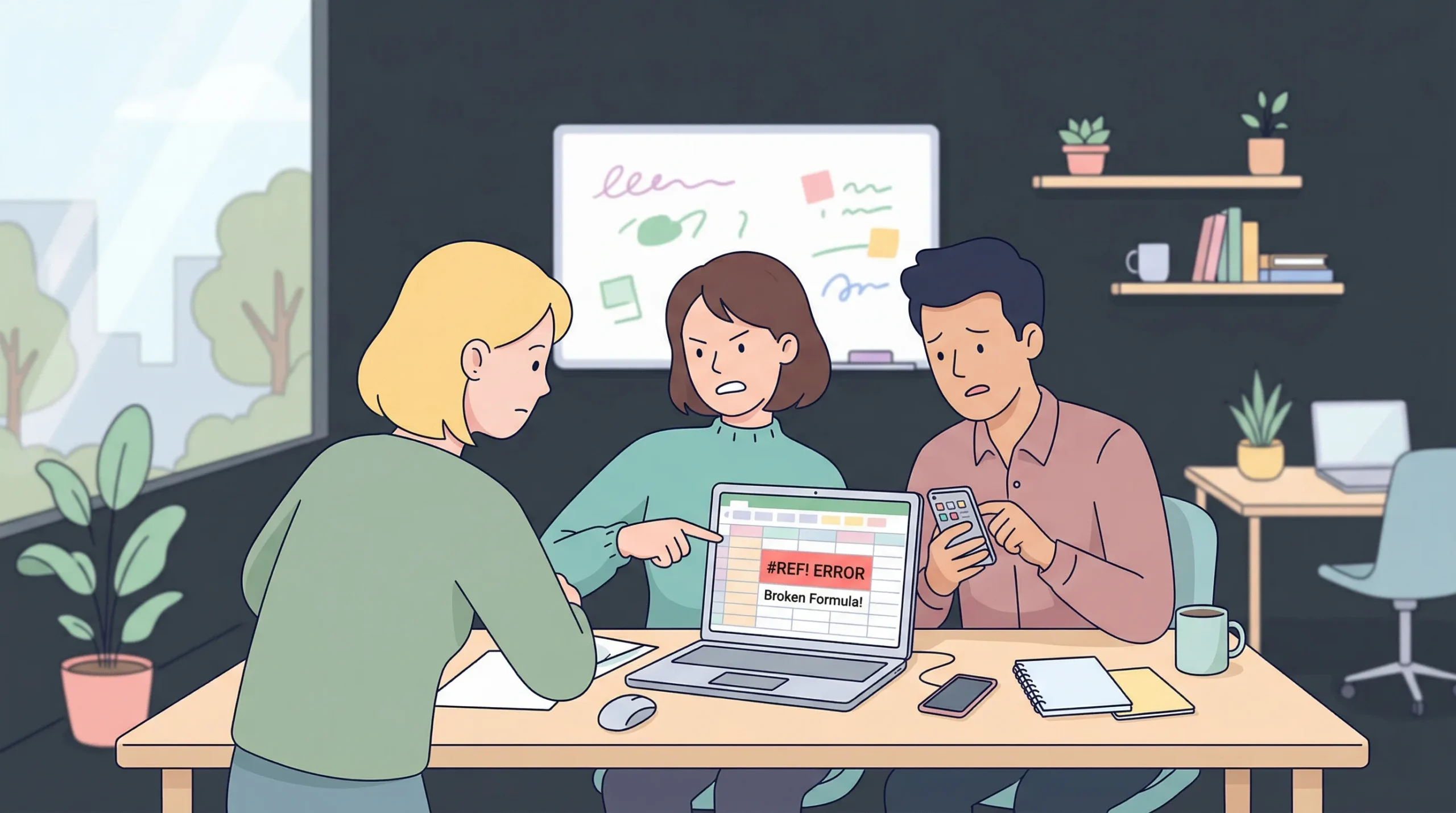 The text visible in the illustration is displayed on the laptop screen, showing a red spreadsheet error message that reads "#REF! ERROR" followed by "Broken Formula!".
