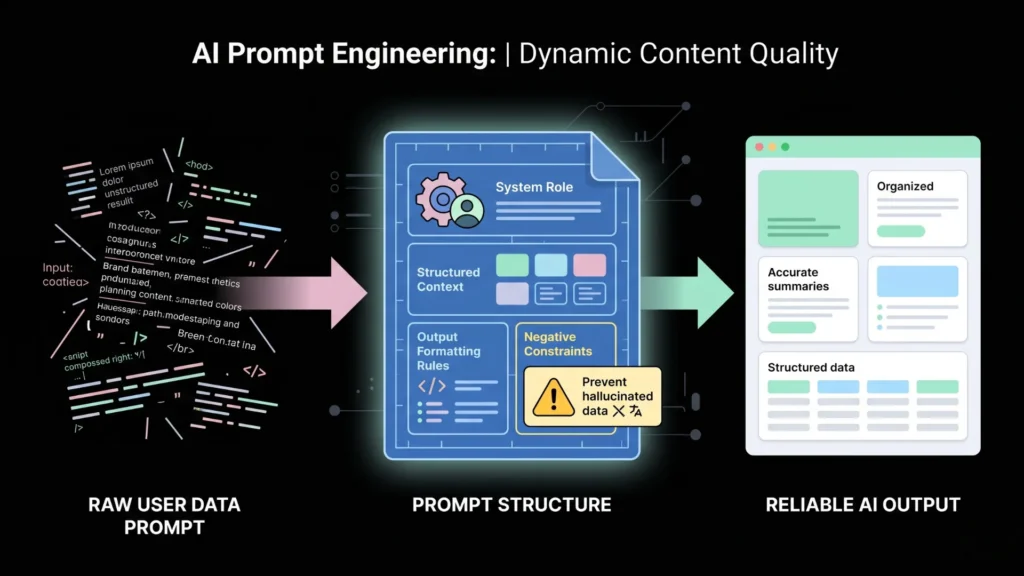 Infographic showing chaotic input becoming clean AI output via structured prompt blueprint.
