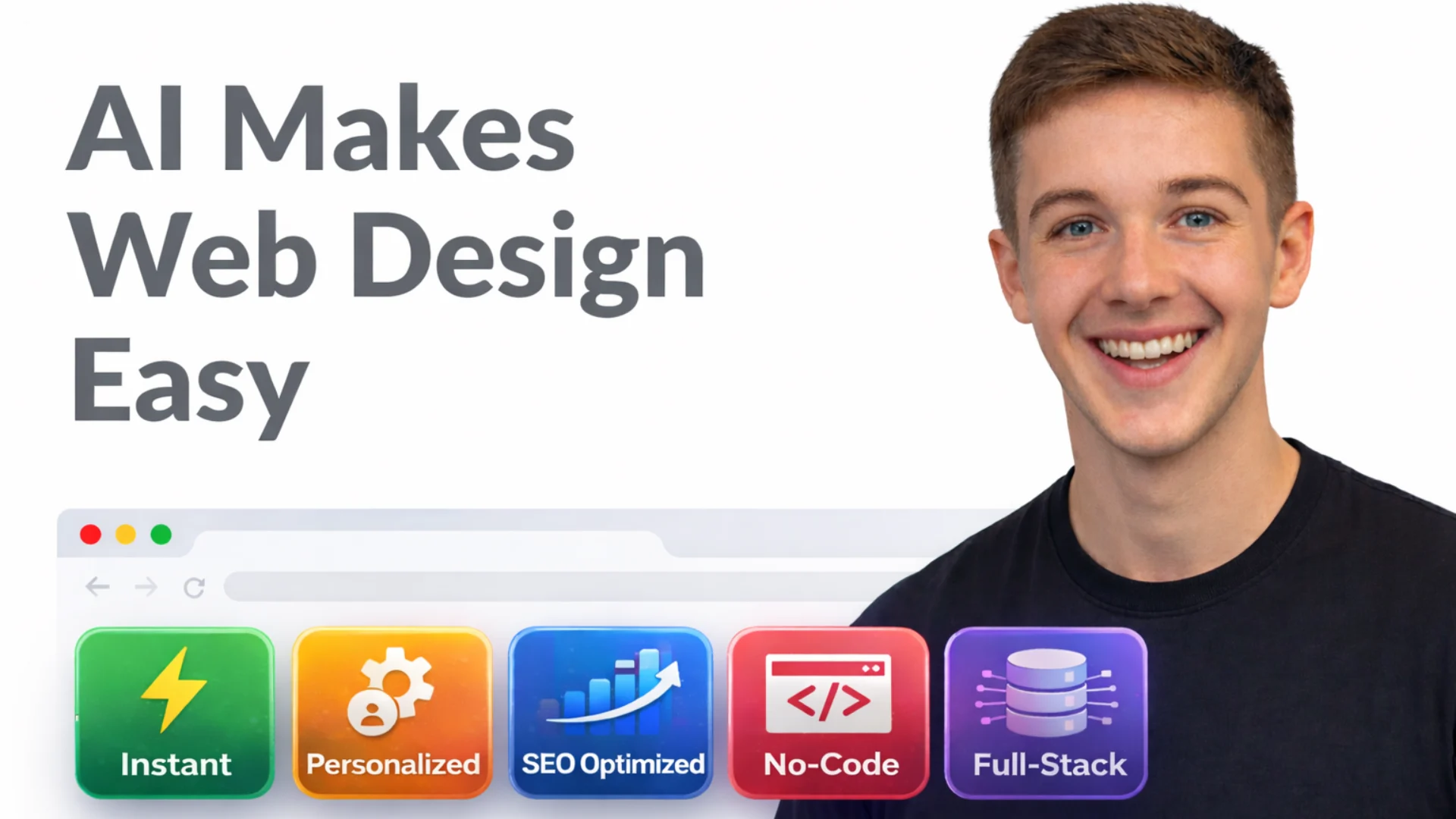 AI makes web design easy thumbnail with smiling person