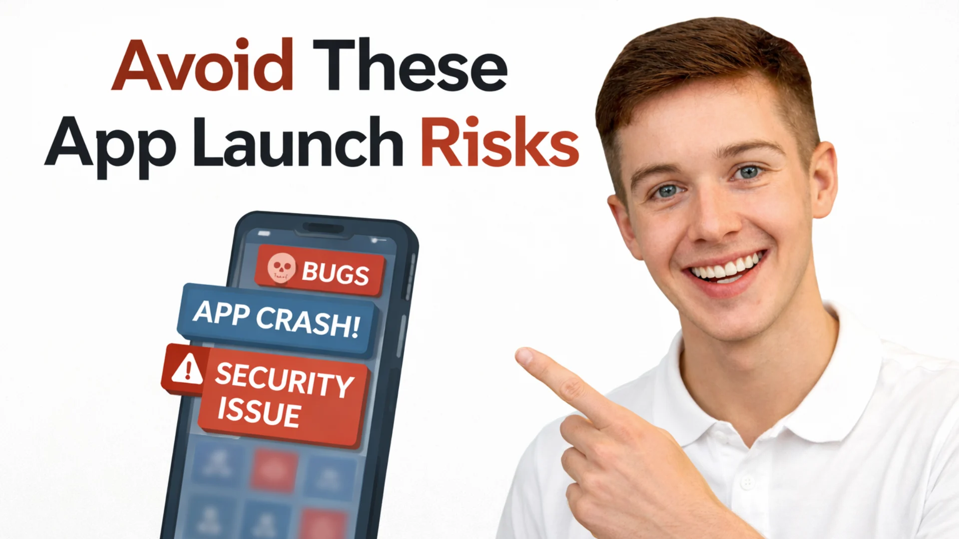 Smiling man pointing at app risks icons on clean white background thumbnail.
