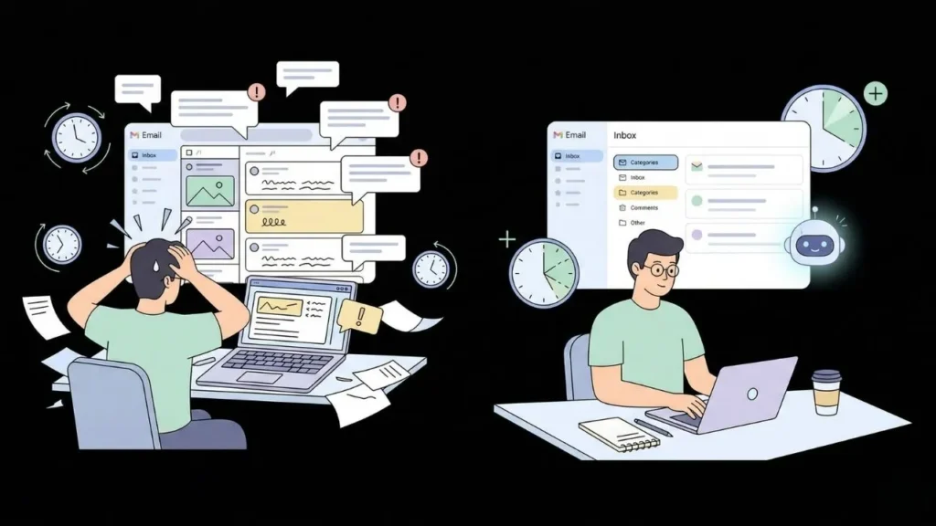 comparison of stressed worker versus a calm professional using ai automation