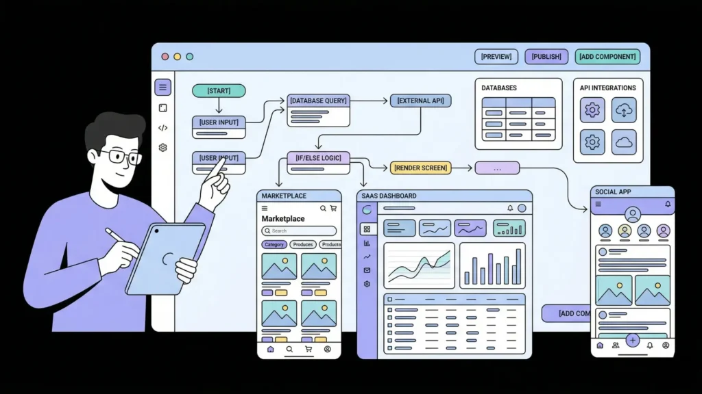 Developer building mobile and web apps with a visual no-code workflow and development platform.