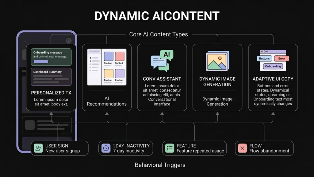 Dark SaaS infographic illustrating five AI content types connected to user triggers.