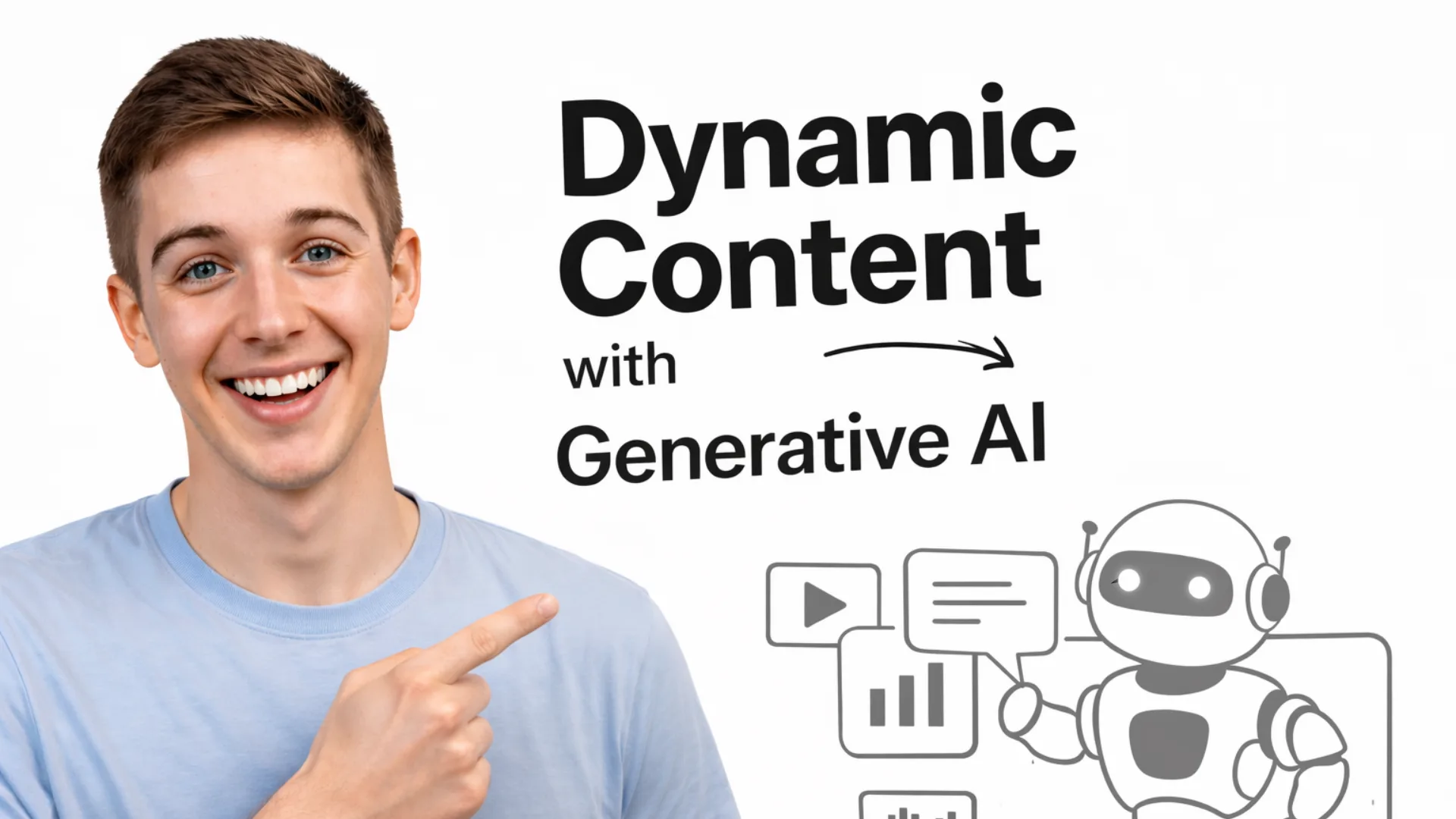 Smiling man pointing at dynamic content with generative AI graphics.