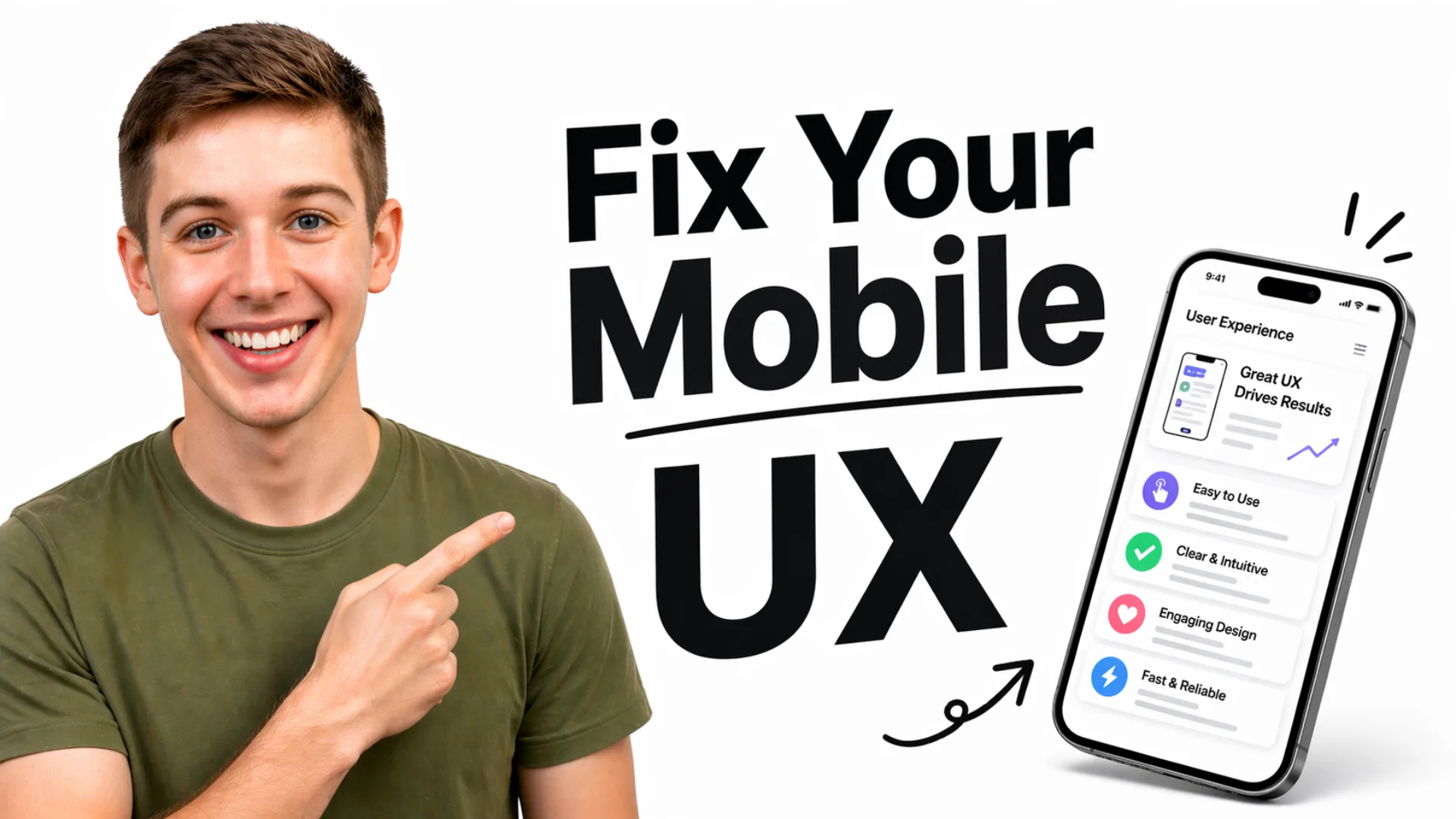 Smiling man in green shirt pointing at mobile UX design thumbnail on white.