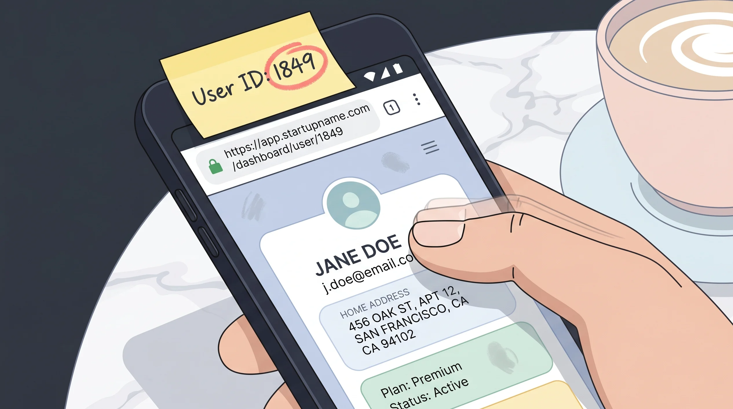 Browser address bar showing a manipulated URL with a user ID number changed to access another person's private account data, a table of private records visible on screen.