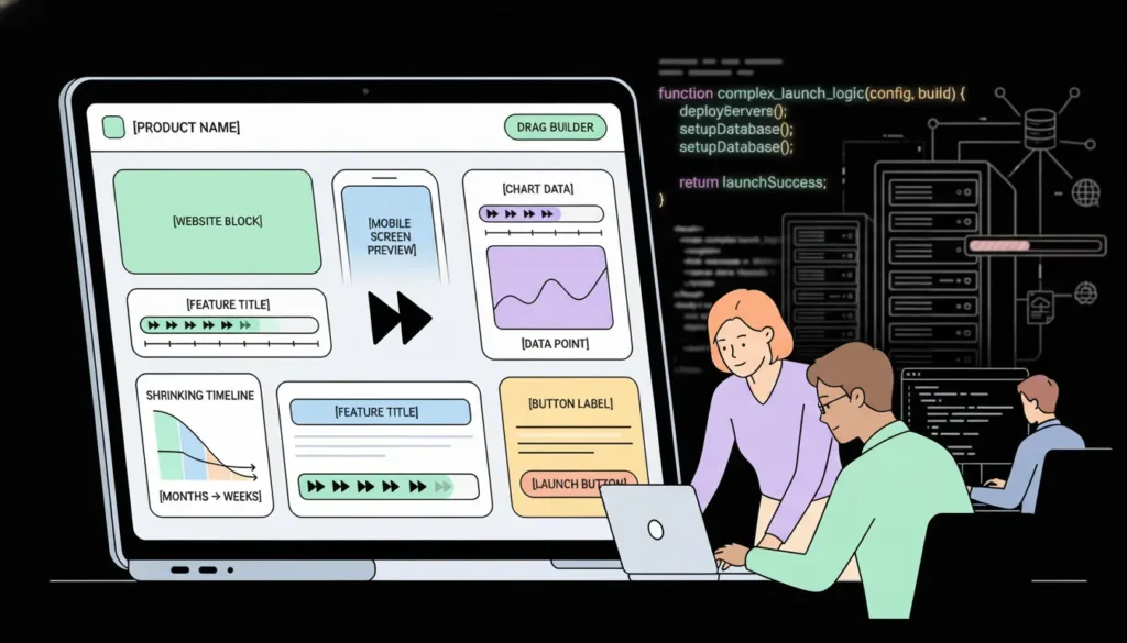 Software developers collaborating on a website using a drag-and-drop builder and backend code illustration.