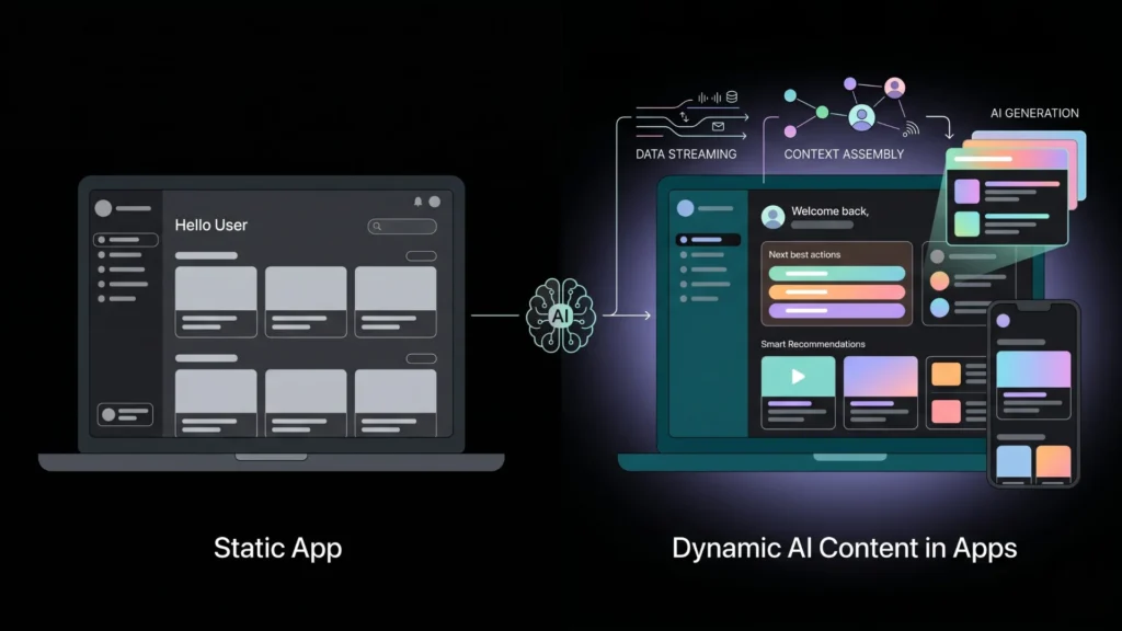 Infographic showing transition from static app to dynamic, AI-powered personalized content.