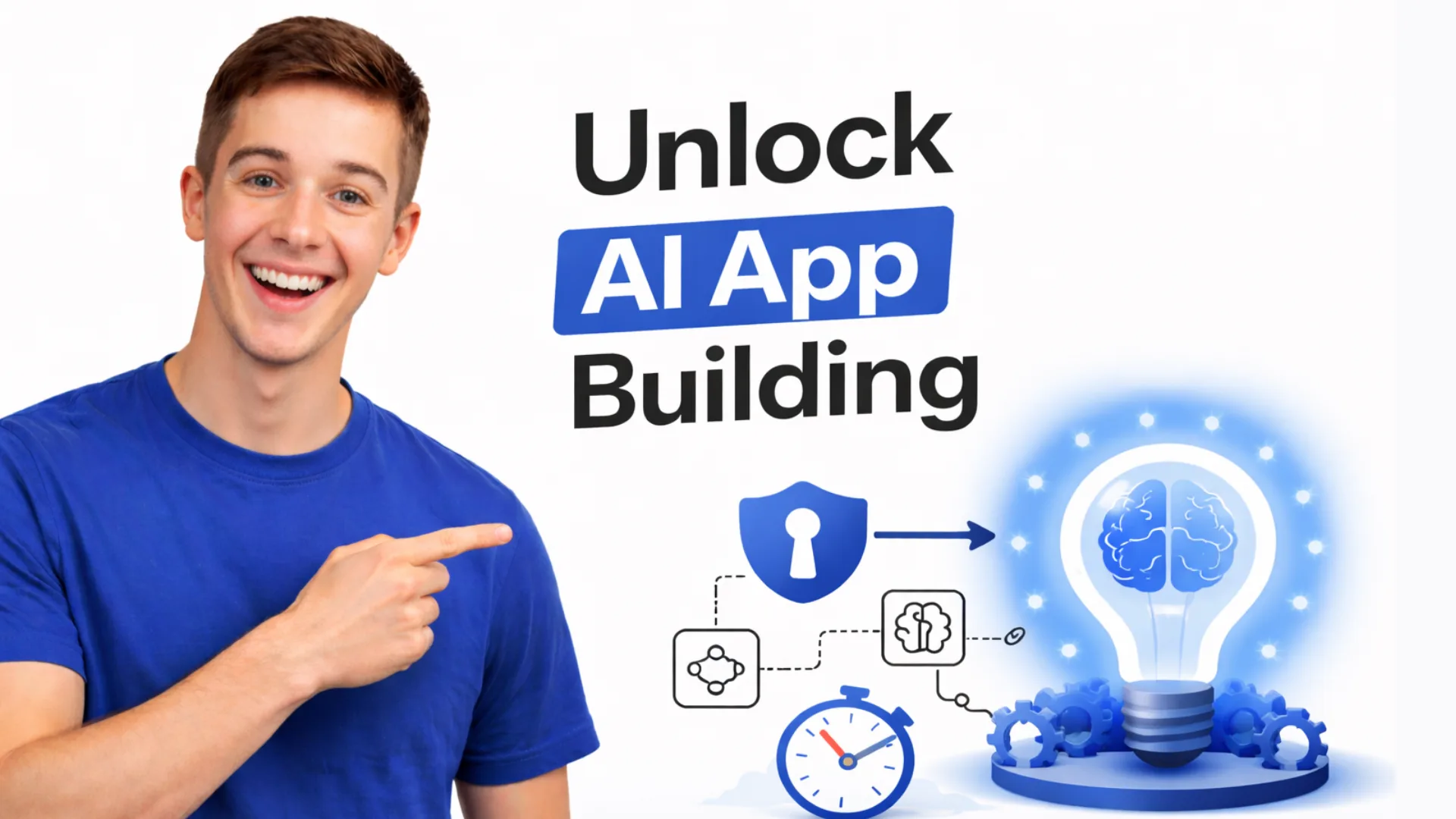 Smiling man pointing at glowing AI app building lightbulb graphic.
