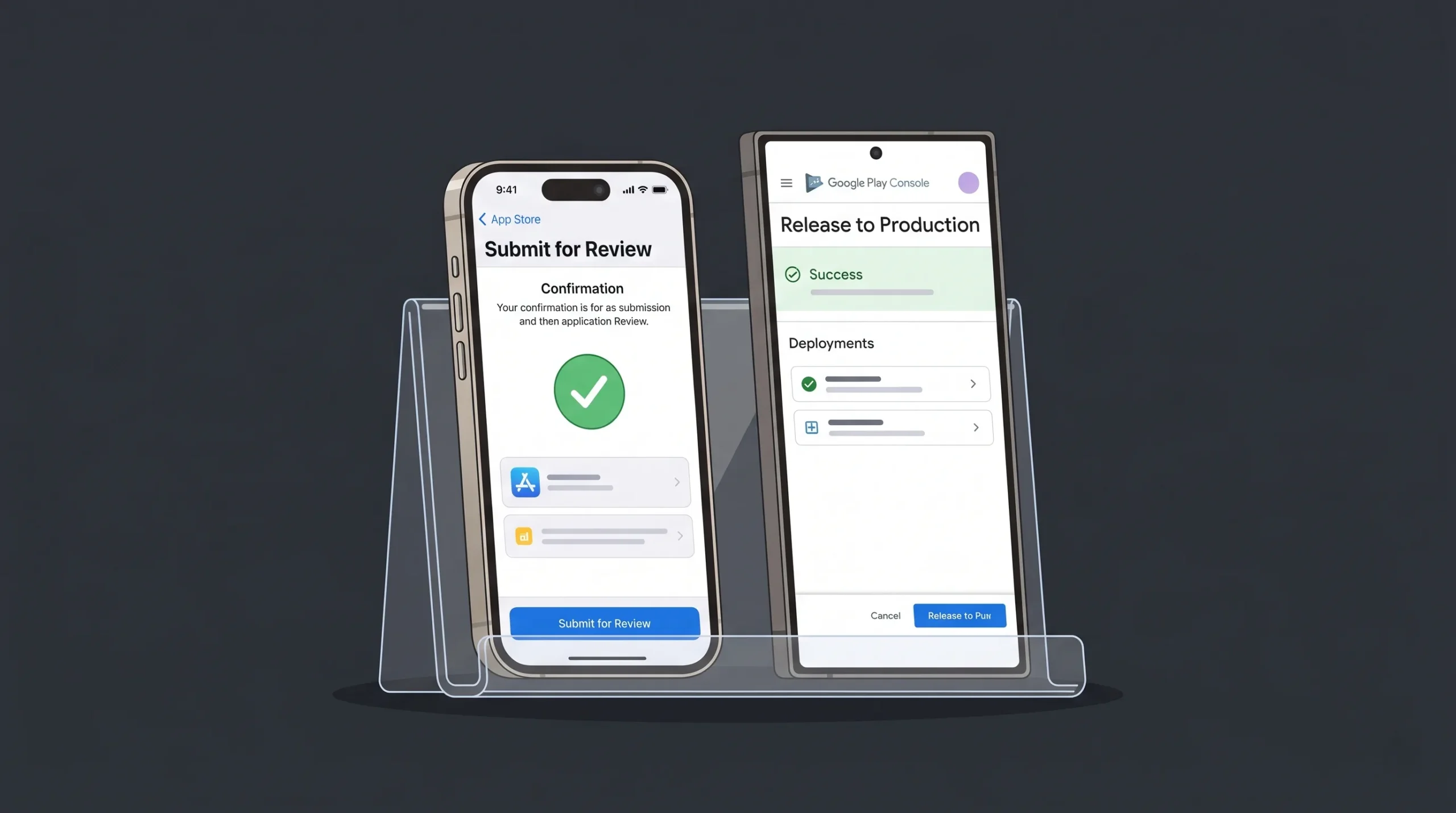 An iPhone and Android phone standing side by side showing App Store and Google Play Store deployment confirmation screens, representing native mobile publishing through React Native alternatives to FlutterFlow.