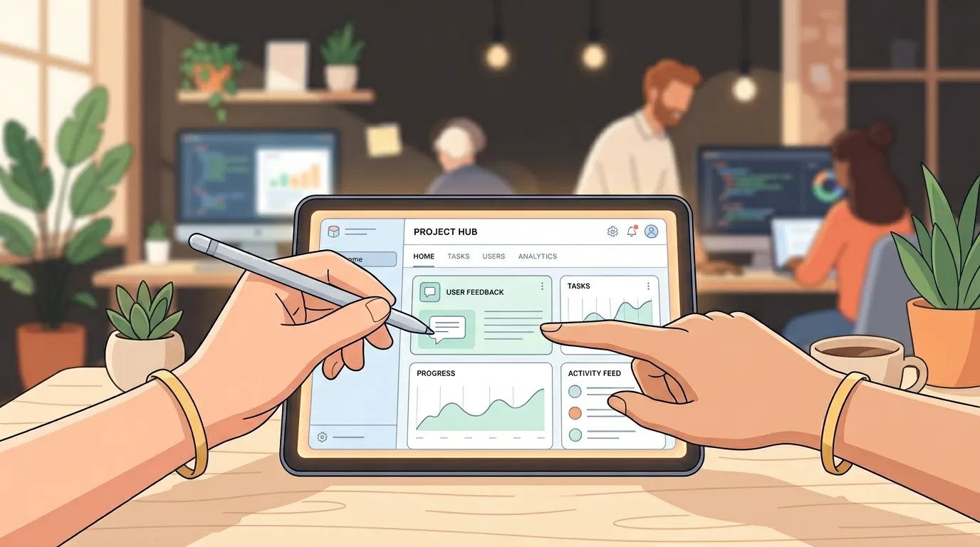 Close-up of two people collaborating over a tablet wireframe, representing the hybrid AI and human engineering model for news website development