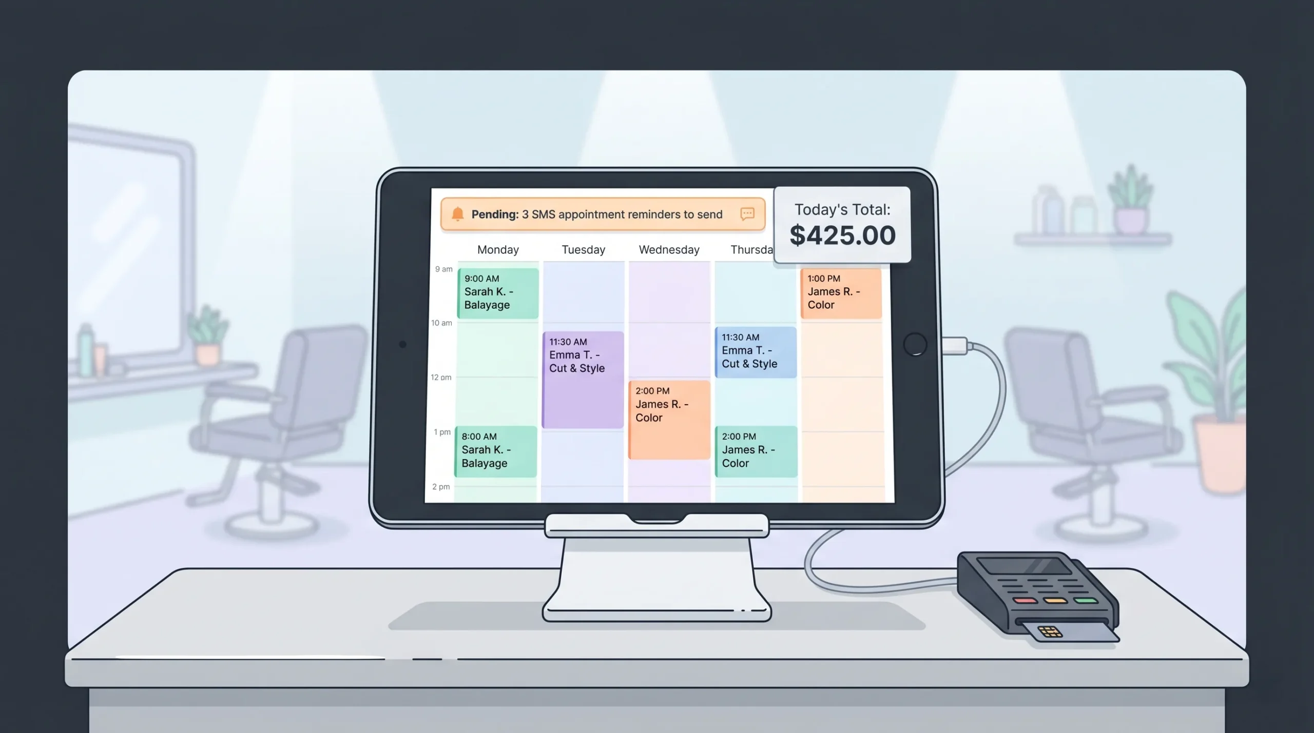 GlossGenius salon booking dashboard on iPad at a reception desk — all-in-one salon software with built-in website, calendar and payments