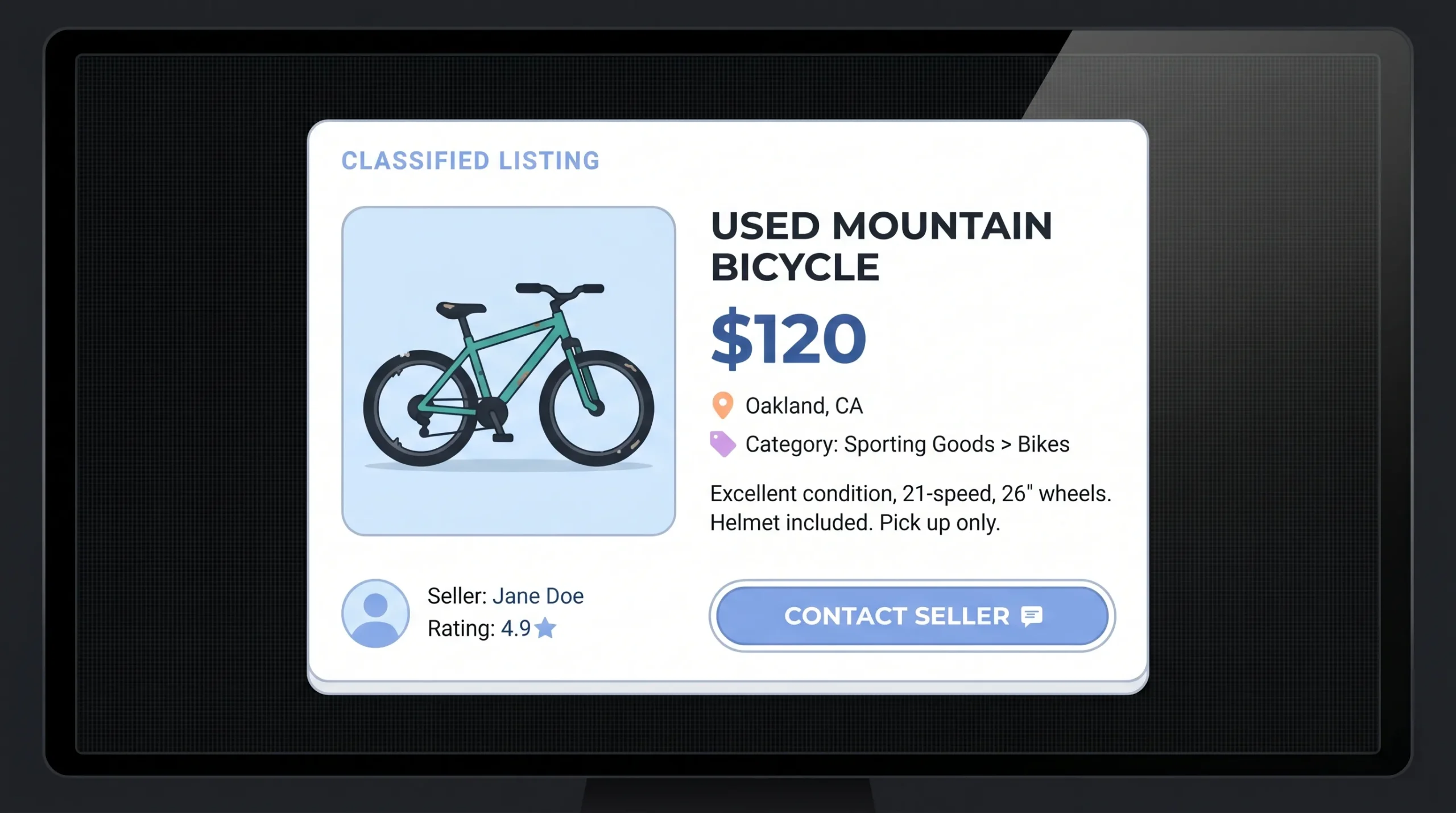 Close-up of a classified ad listing card on screen showing product photo, price, location, and contact button