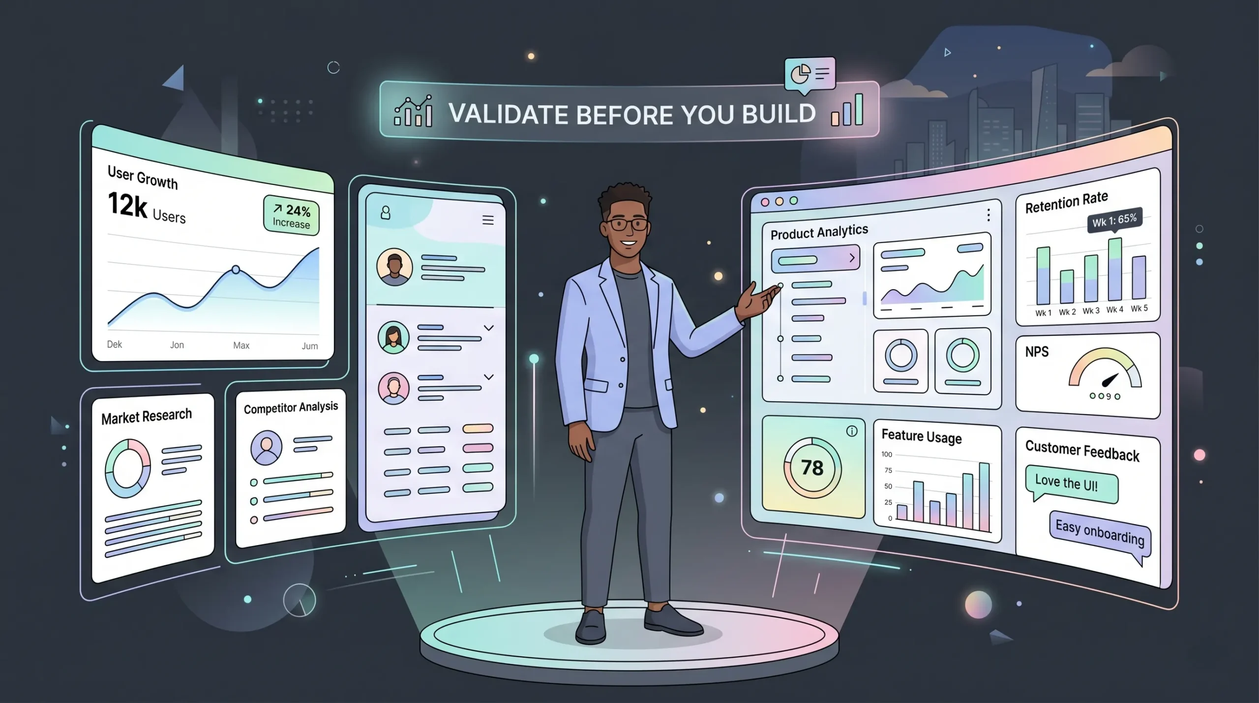 Entrepreneur successfully validating and launching an app idea with confidence.