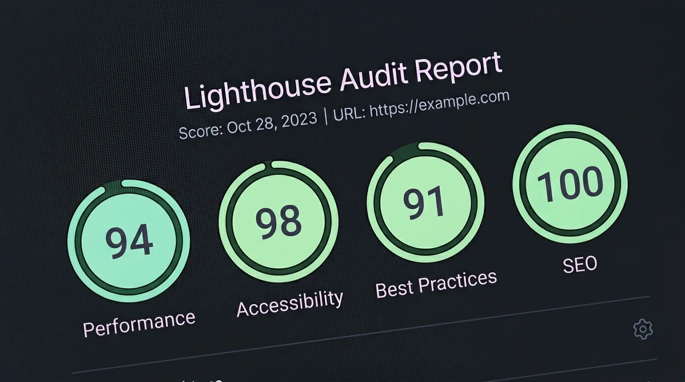 Macro close-up of a Google Lighthouse performance audit report on a laptop screen showing high green scores for a news website