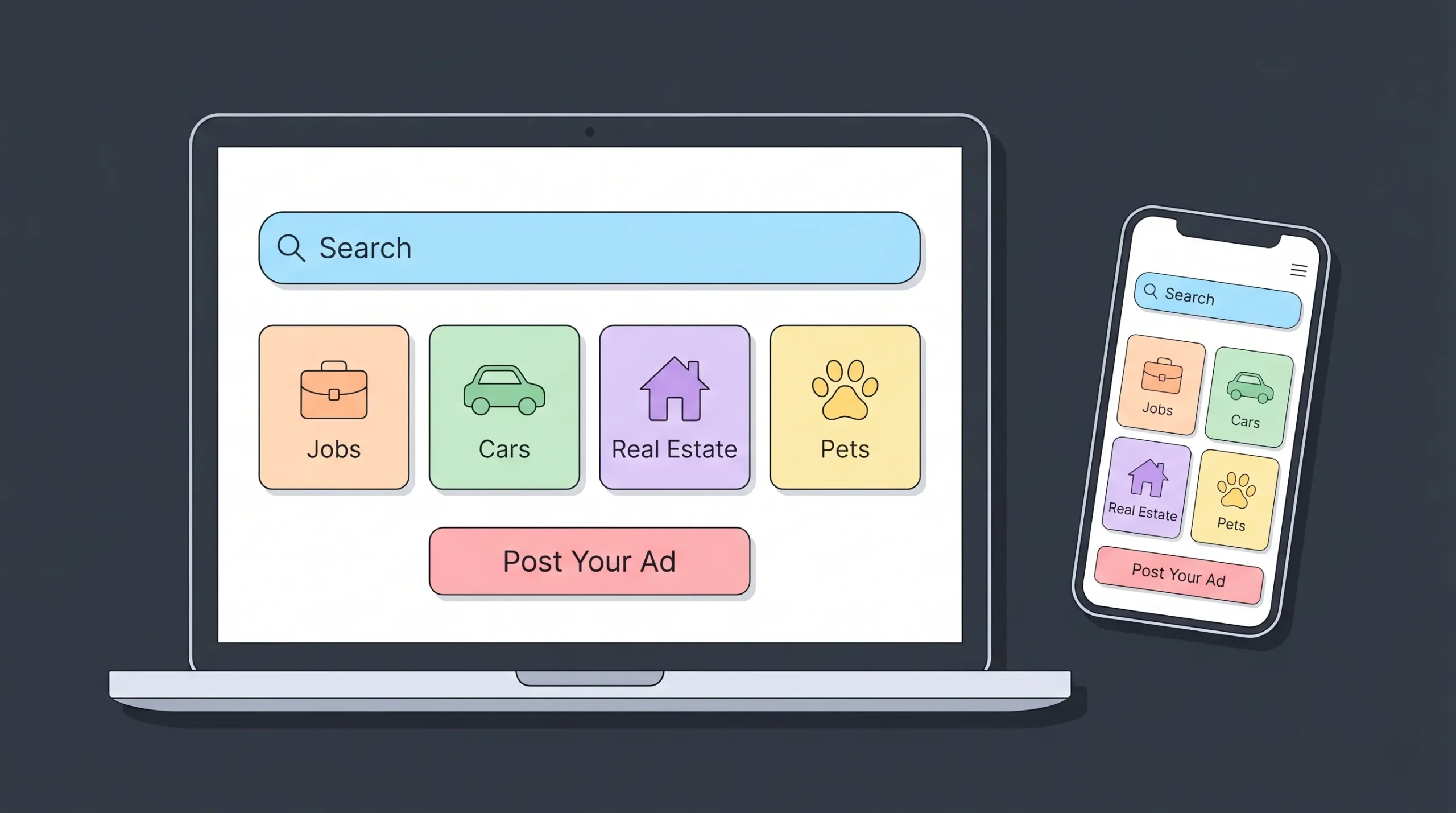 Classified ads website homepage displayed on a laptop and smartphone showing category browsing and search interface