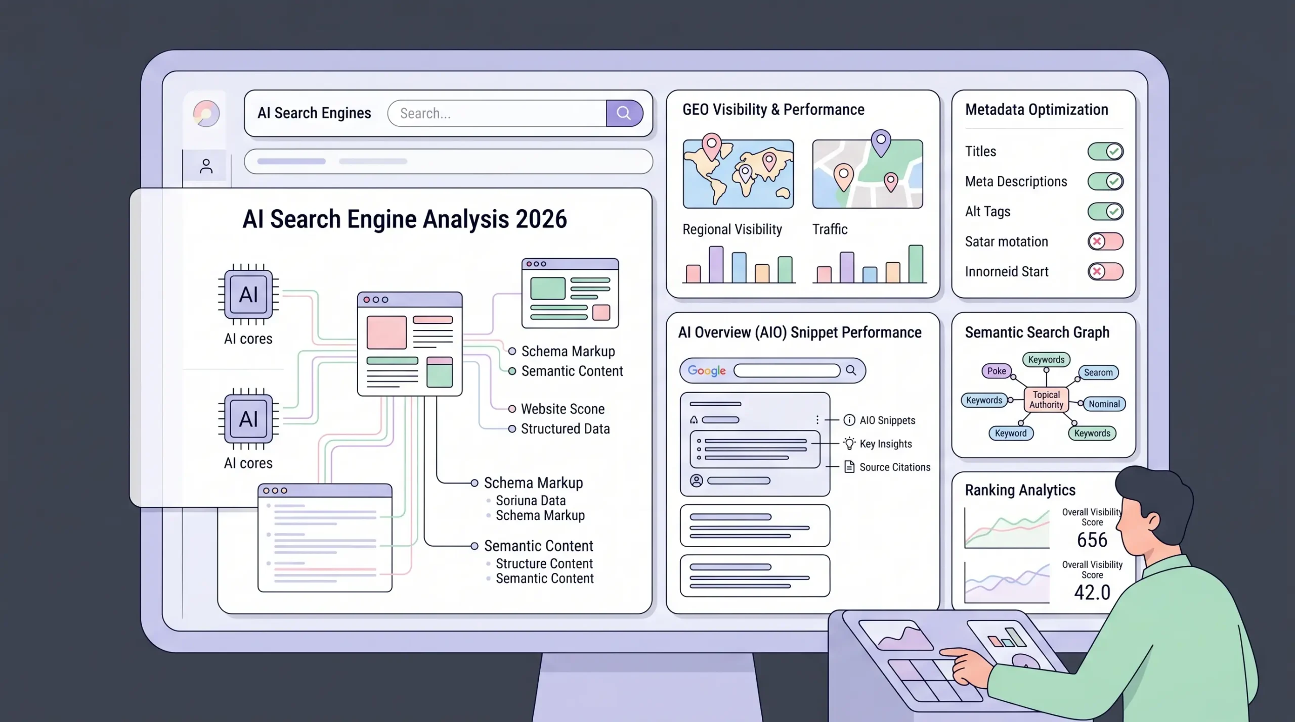 AI search optimization dashboard showing SEO and GEO structured content strategy