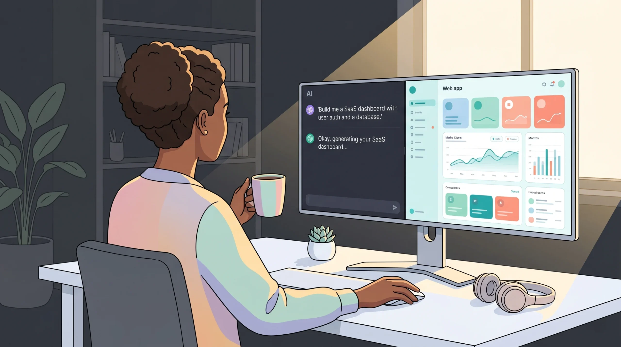 A founder using an AI-powered no-code builder, watching a full-stack SaaS app with authentication and database generate in real time from a plain English prompt on a large monitor.
