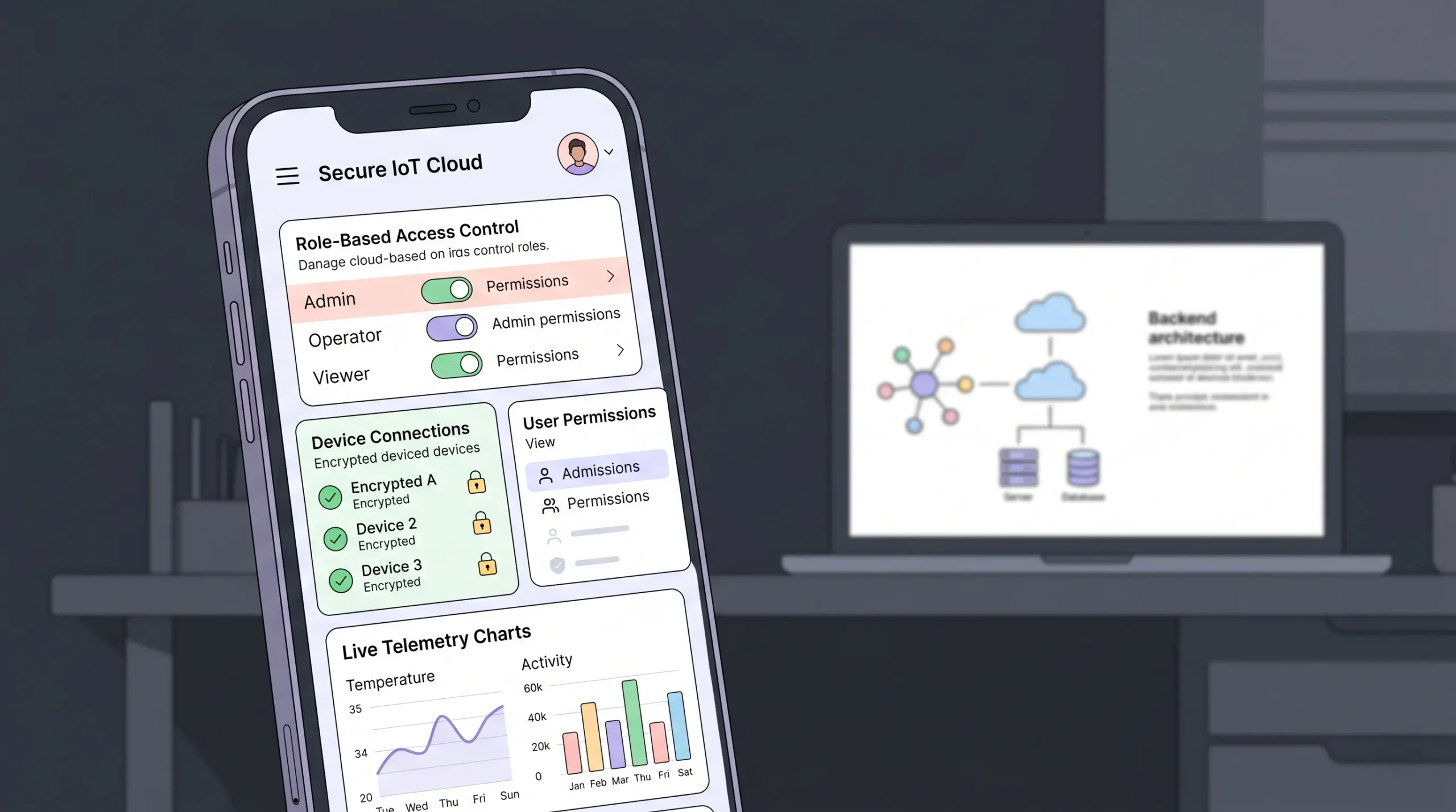 Secure IoT platform interface showing access control, live telemetry, and cloud infrastructure.