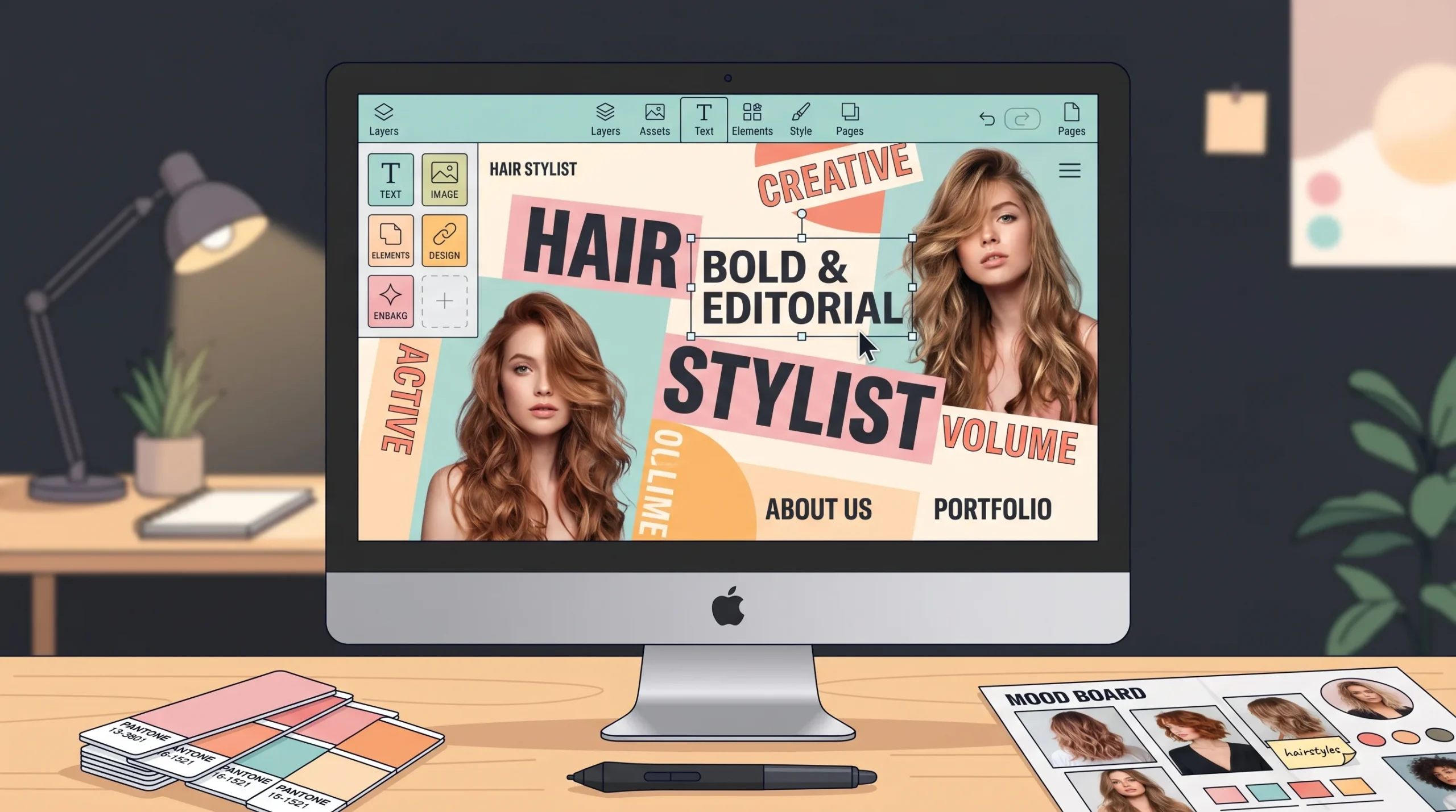 Showit website builder canvas showing an editorial hair stylist website design — best website builder for visual-first creative stylists in 2026