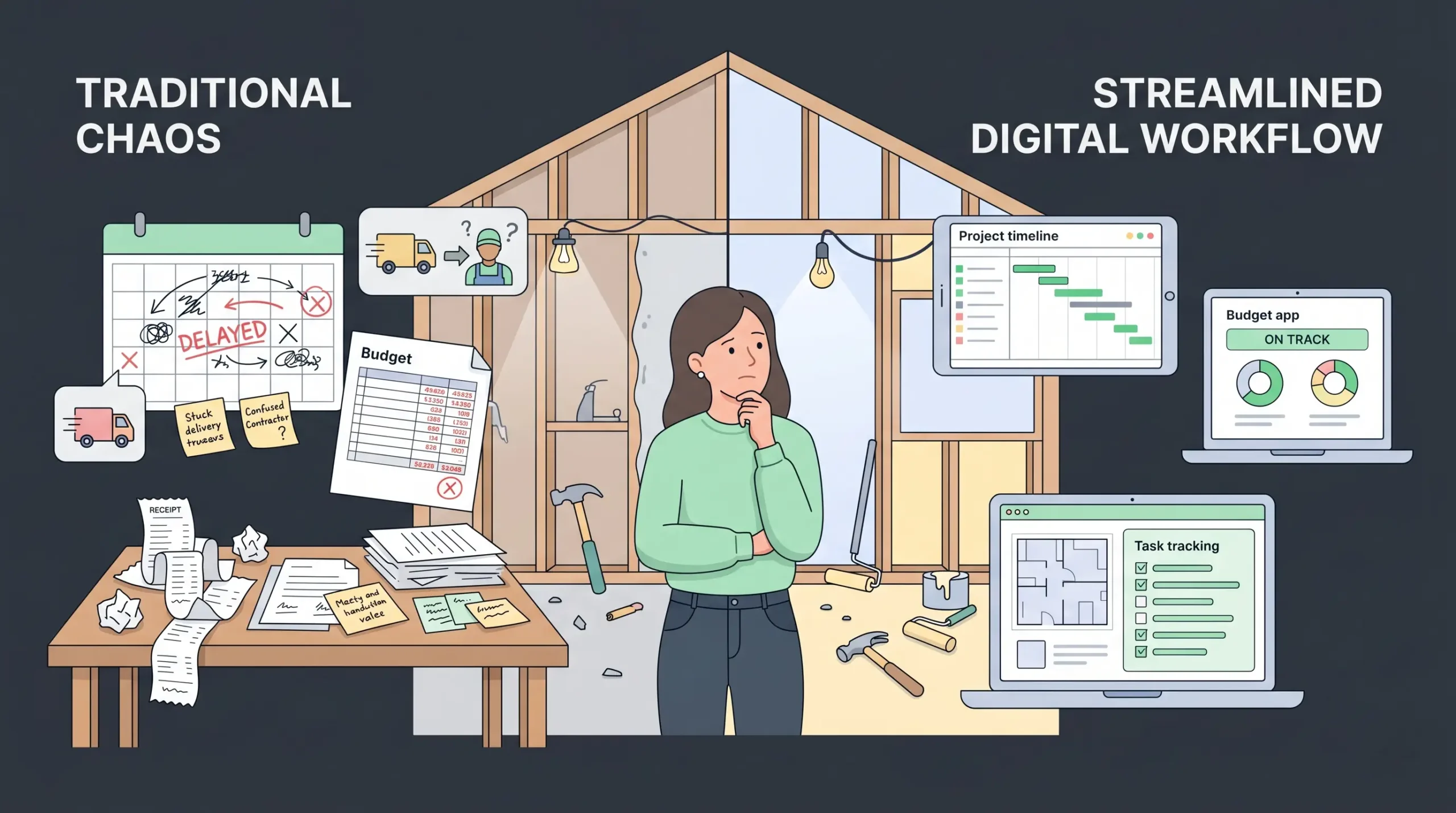 Comparison between a chaotic home renovation and an organized digitally managed renovation using home building apps.