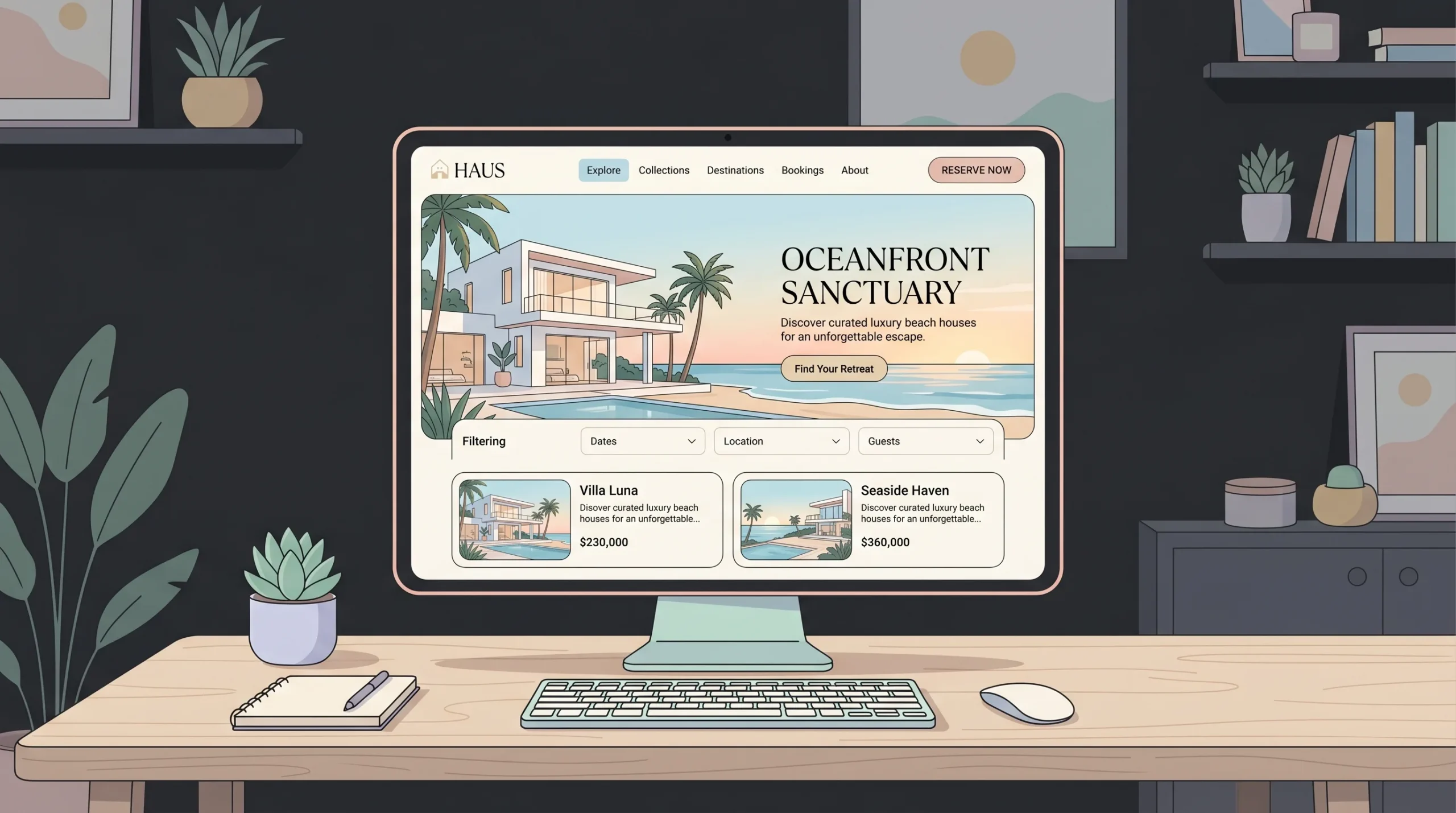 Minimal luxury vacation rental brochure website design on desktop screen