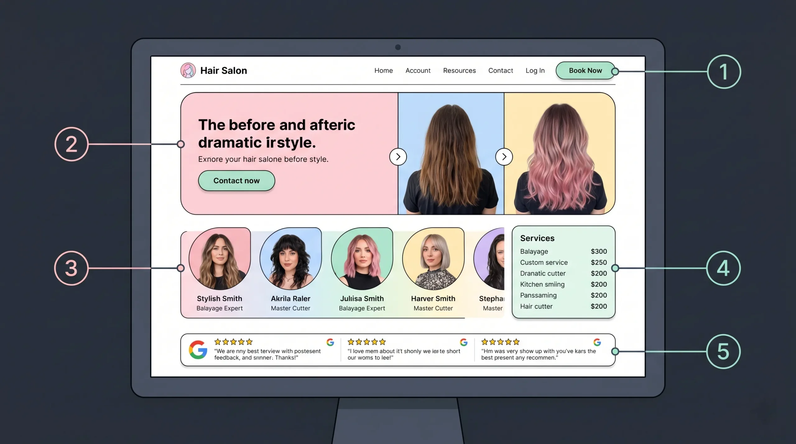 Annotated hair stylist website homepage showing five key conversion elements — booking button, portfolio, stylist profiles, service menu and Google reviews