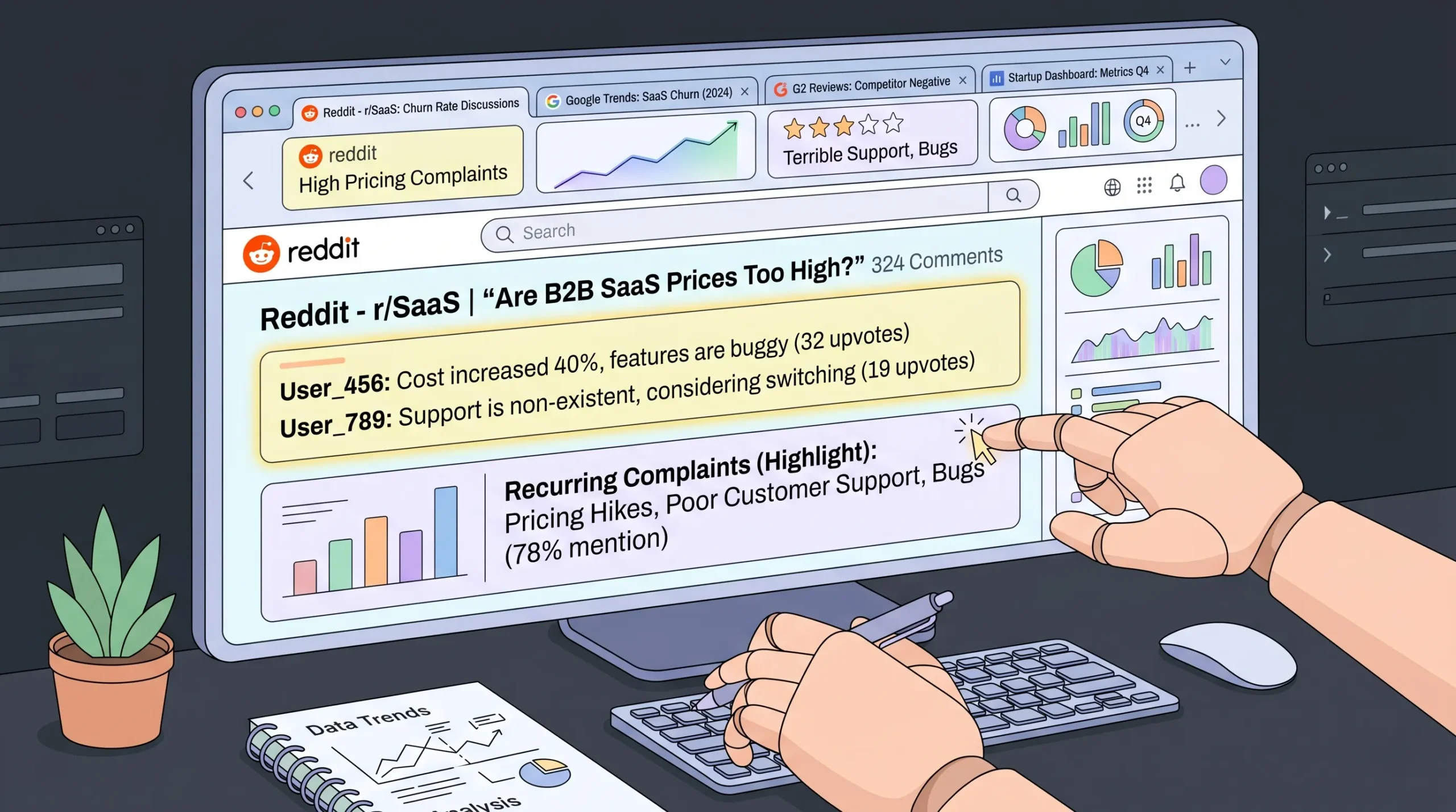 Researching market demand using Reddit, Google Trends, and competitor reviews.