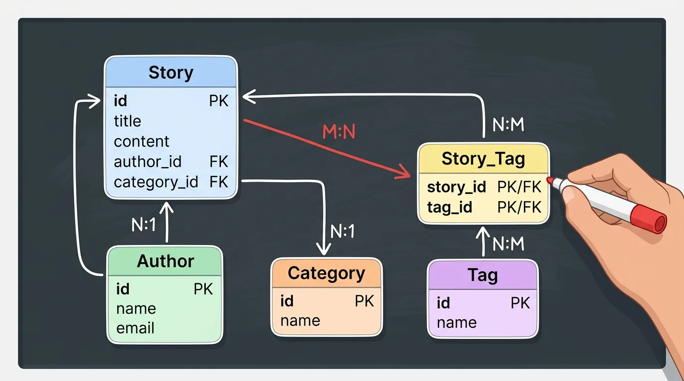 Close-up of a whiteboard with a hand-drawn content schema diagram showing news website data entities like Story, Author, and Category