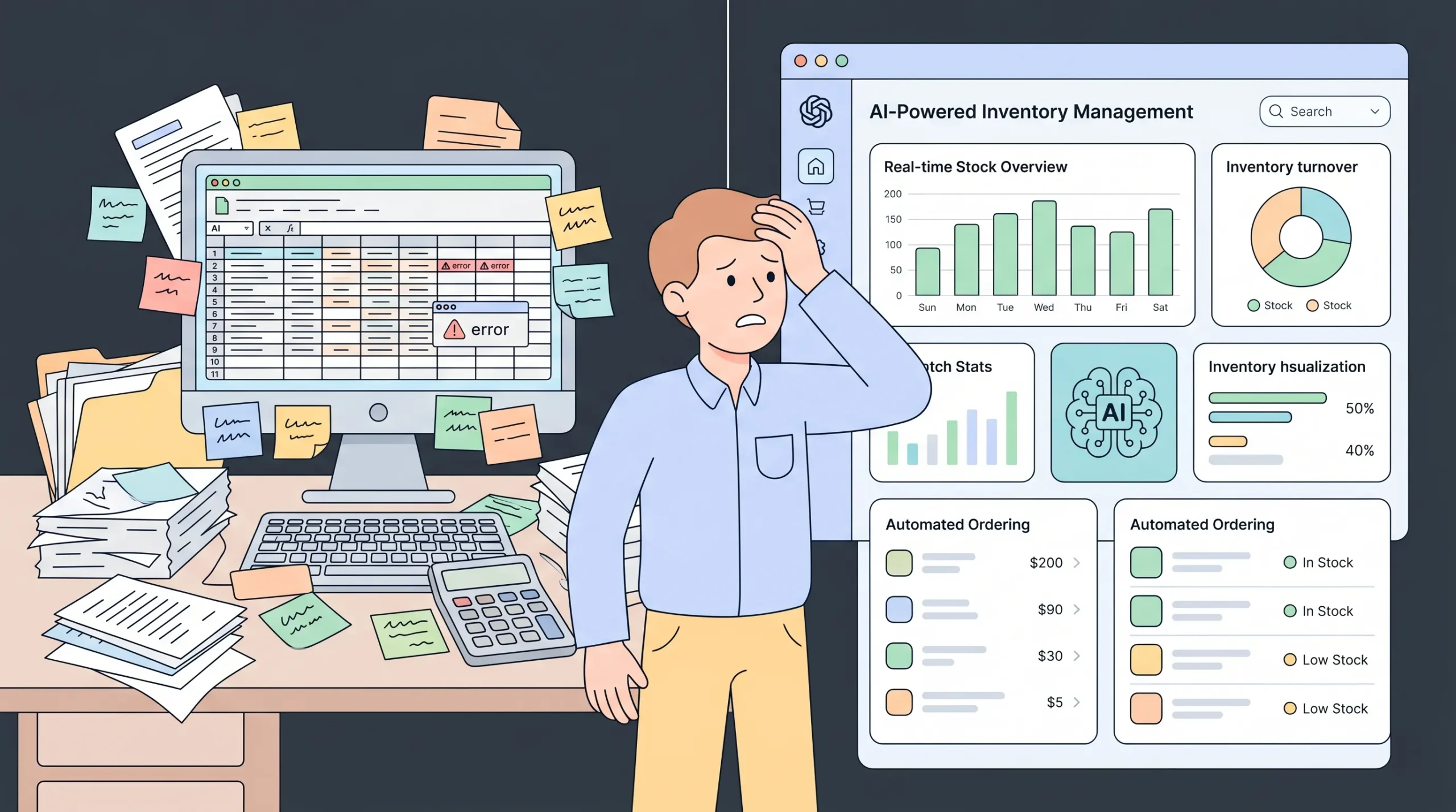 Business owner comparing outdated spreadsheet workflows with modern AI-powered operations software.