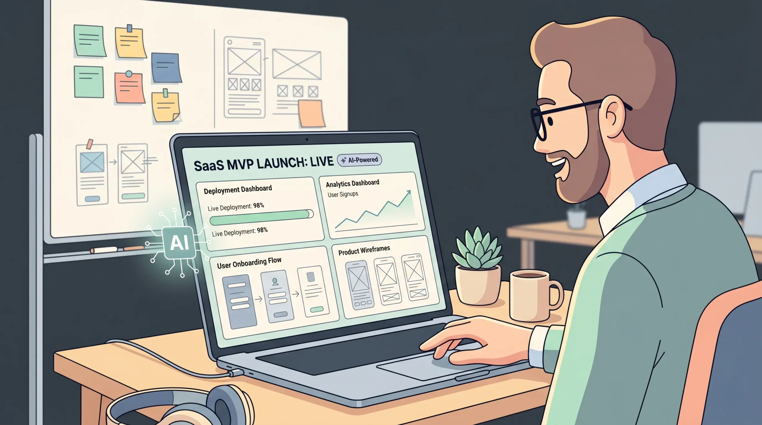 Startup founder launching SaaS MVP quickly using AI-powered boutique web development platform