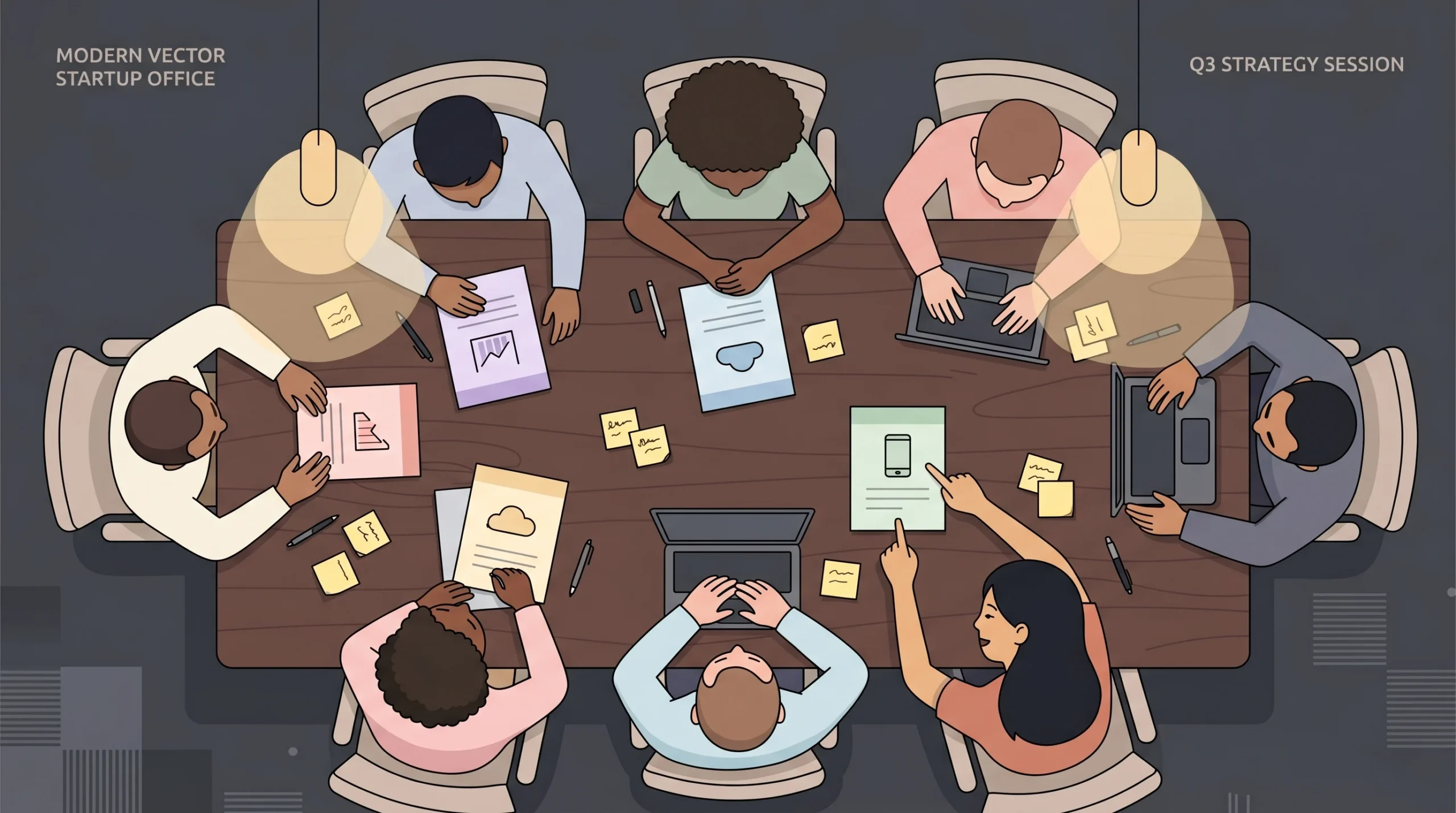 A diverse startup team reviewing printed platform comparison sheets around a conference table, deciding which no-code or low-code builder best fits their React Native development needs.