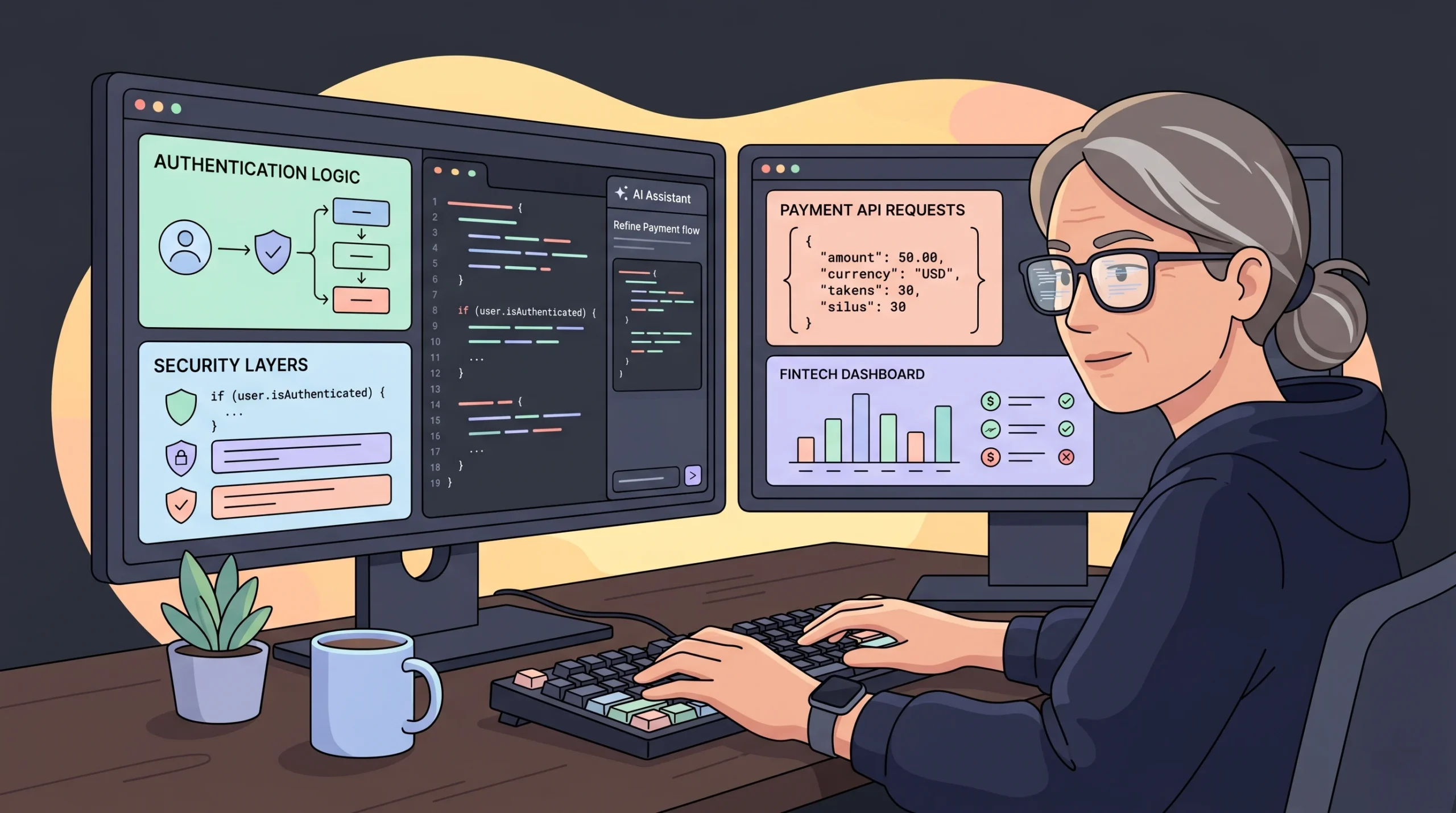 Senior software engineer refining AI-generated code for secure payment integration