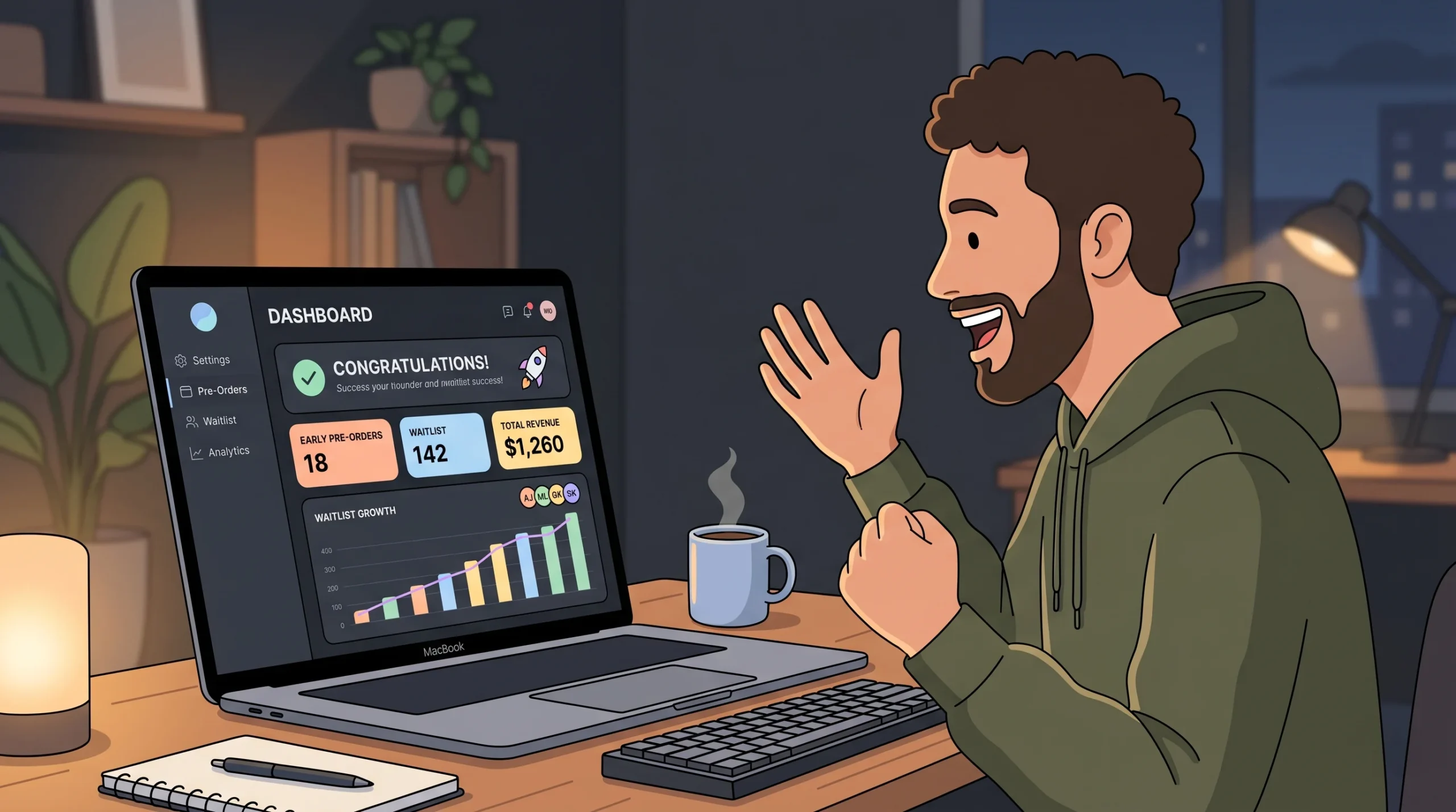 Founder receiving real customer pre-orders and validation signals for a startup idea.