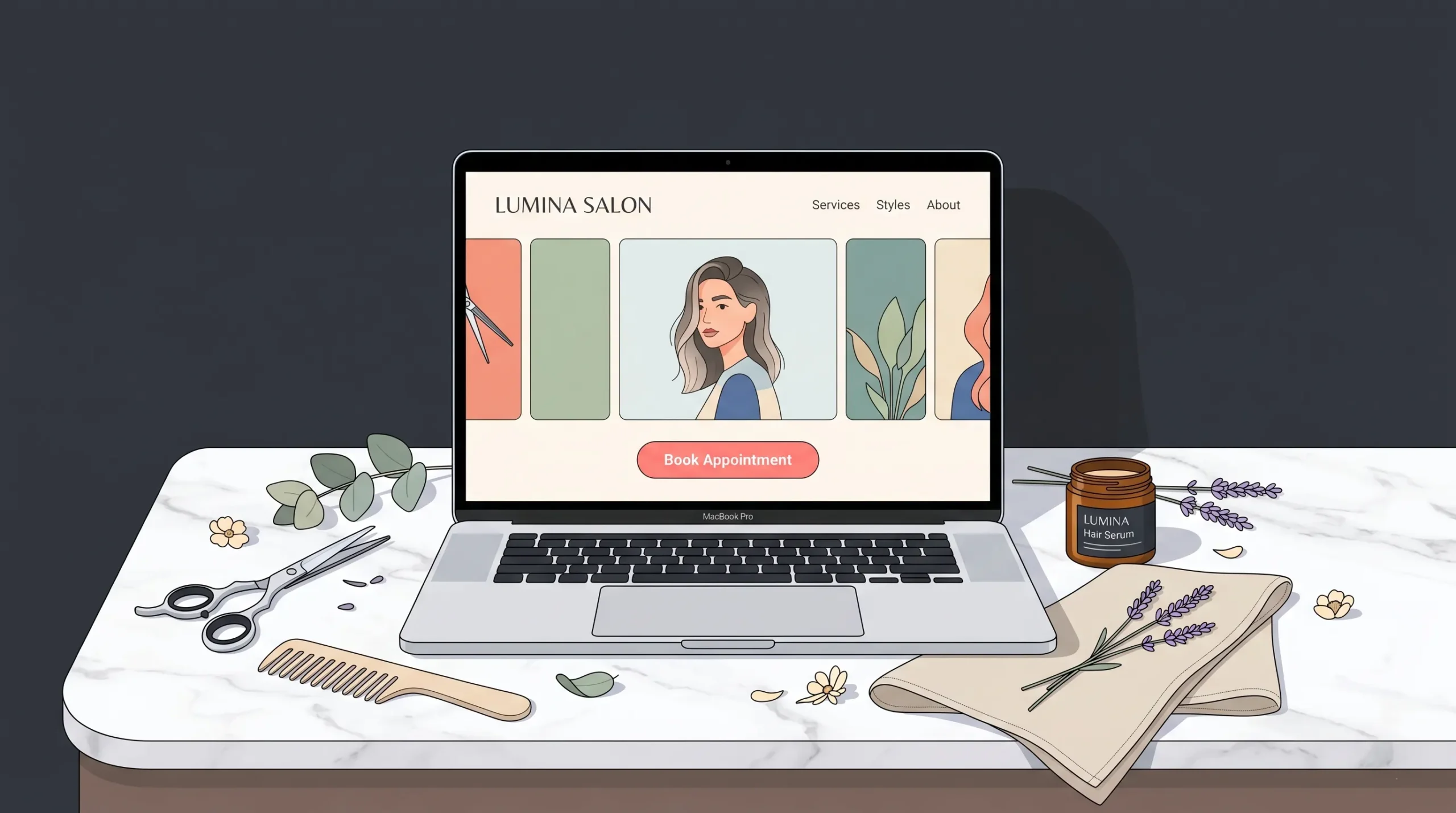 Best website builder for hair stylists in 2026 — laptop showing a salon booking website on a marble counter with professional styling tools