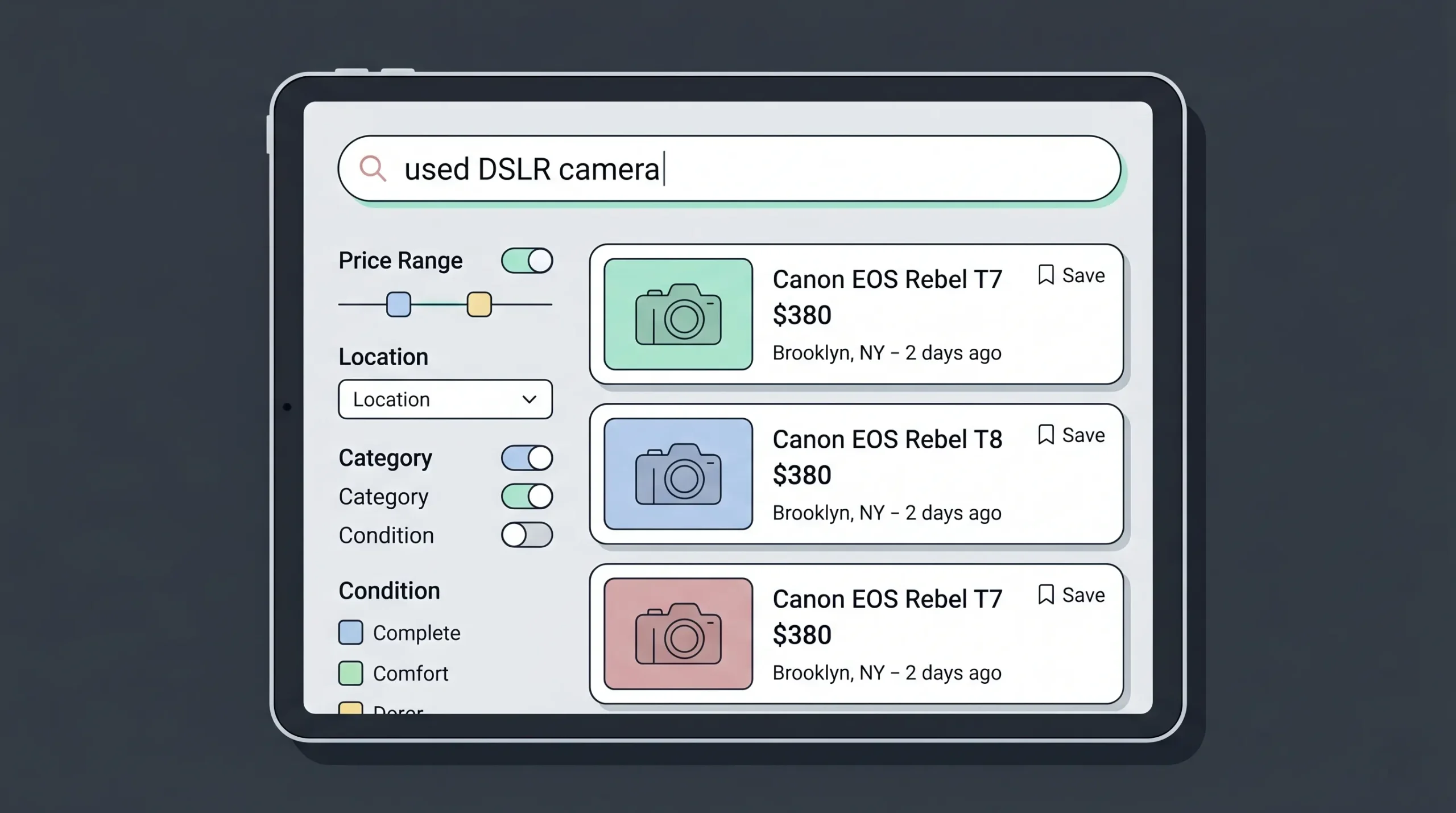 Tablet screen showing classified ads search results page with filter sidebar for price, location, category, and condition