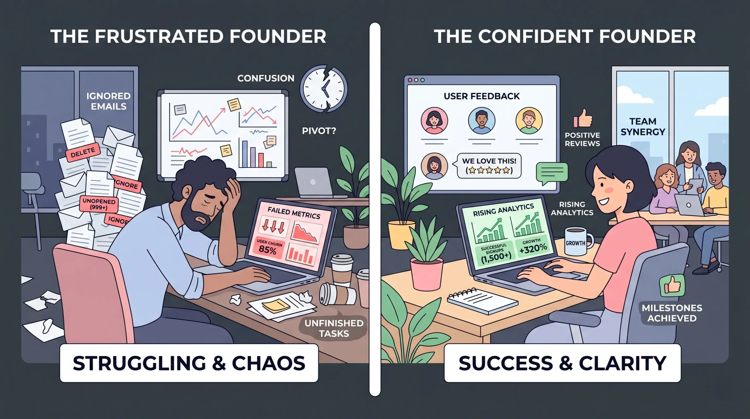 Comparison between failed startup validation signals and successful validation indicators.