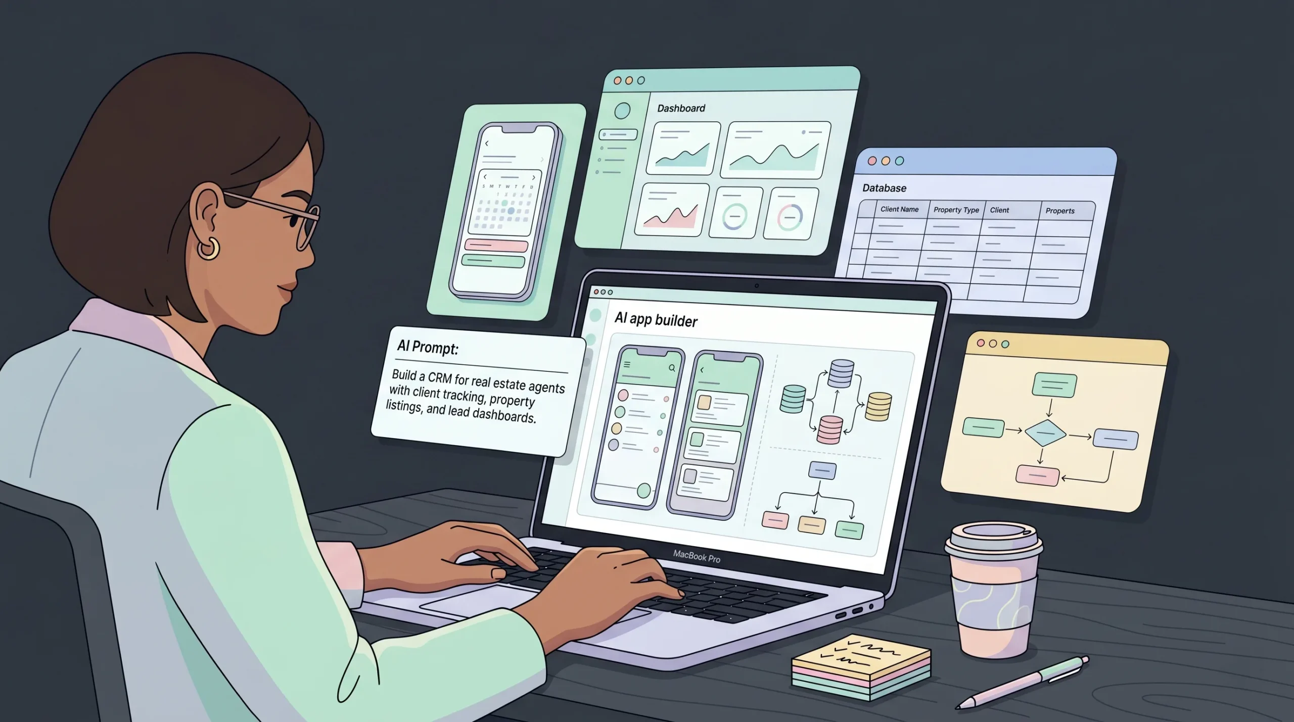 Founder using an AI app builder to generate an inventory management app from a text prompt.