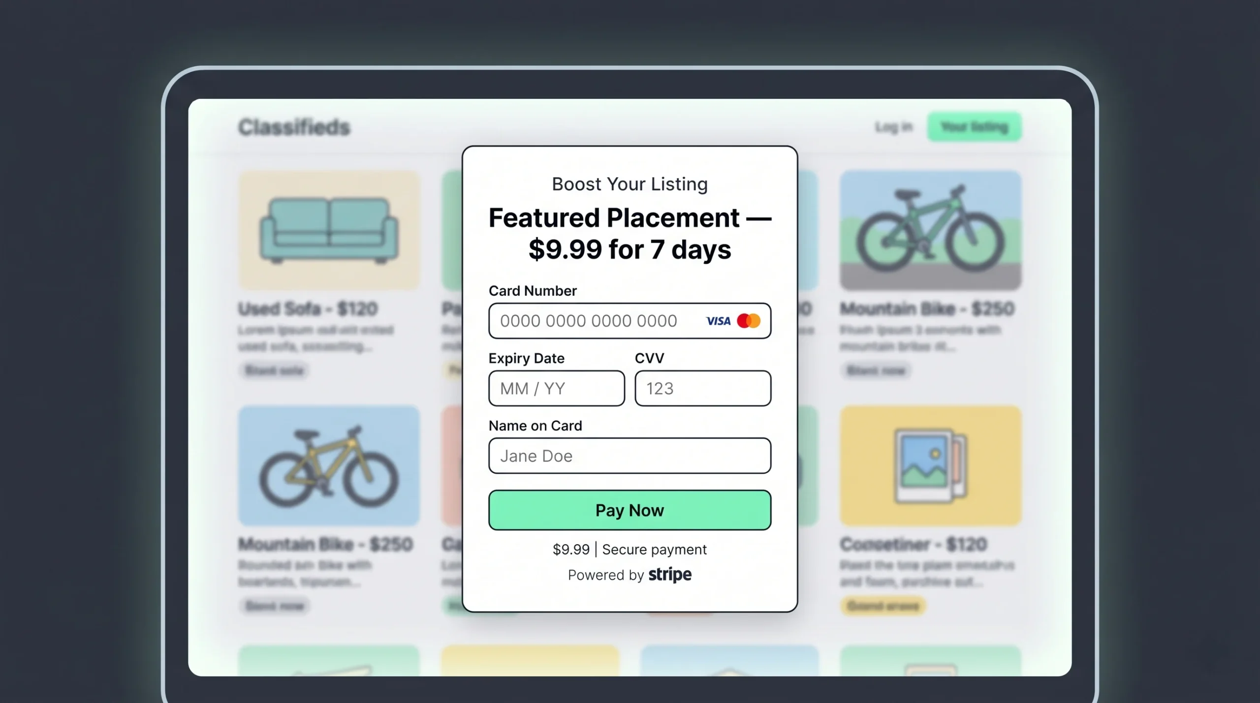 Stripe payment checkout modal on a classified ads website for upgrading to a featured listing for $9.99