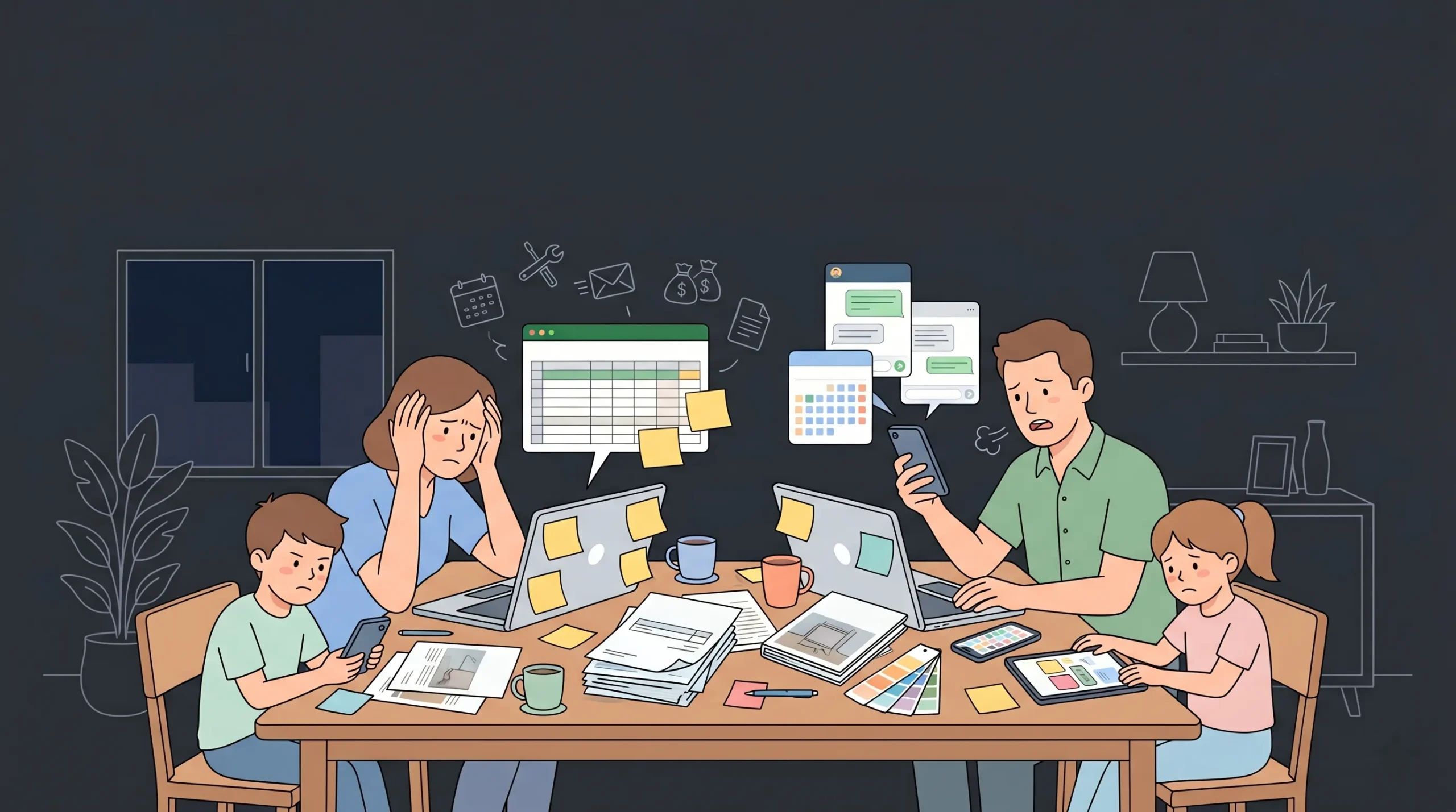 Family struggling to manage disconnected renovation decisions across multiple apps and spreadsheets.