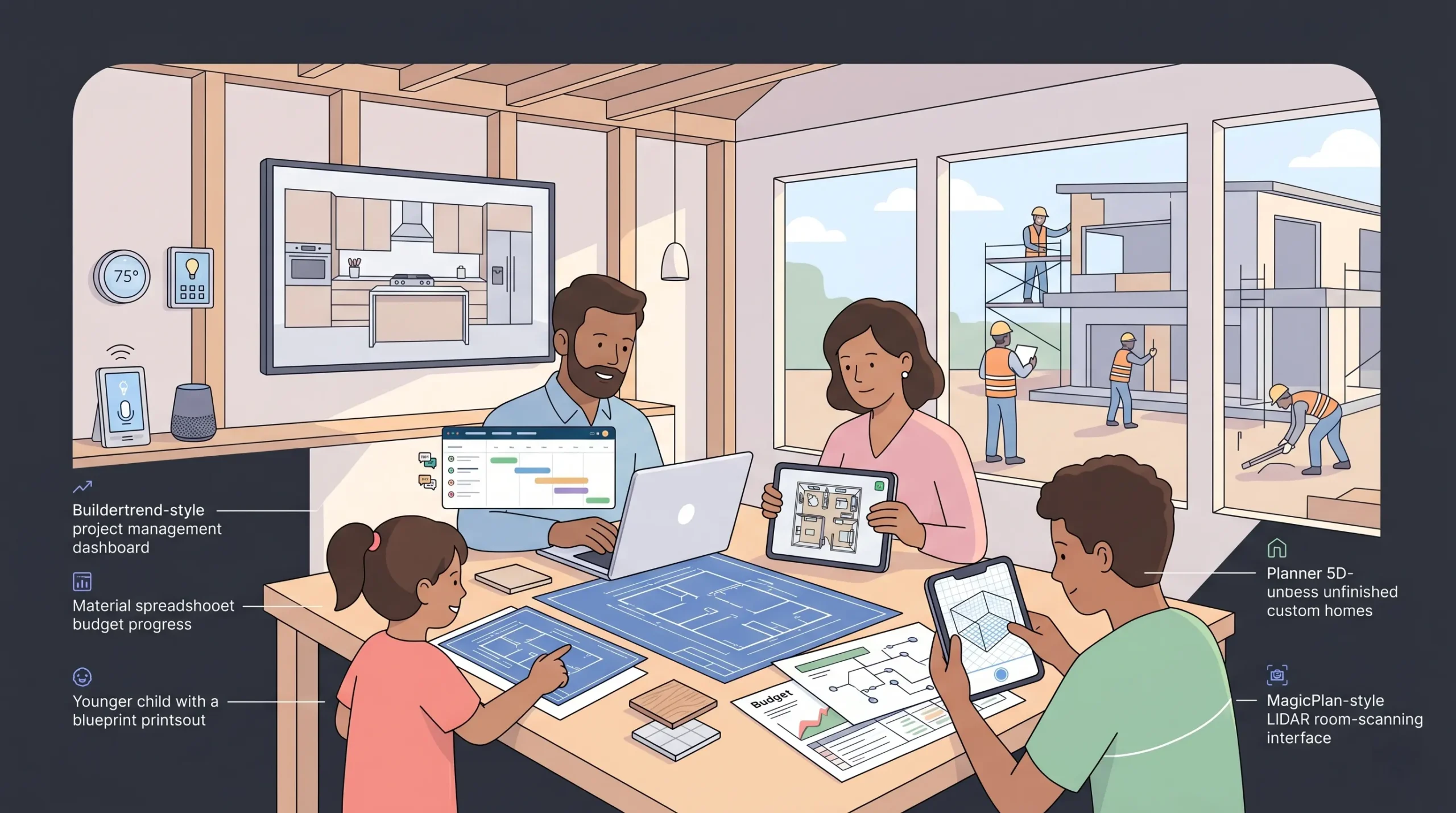 Modern family planning a home build in 2026 using design apps, contractor dashboards, smart-home tools, and architectural plans inside a partially constructed luxury home.