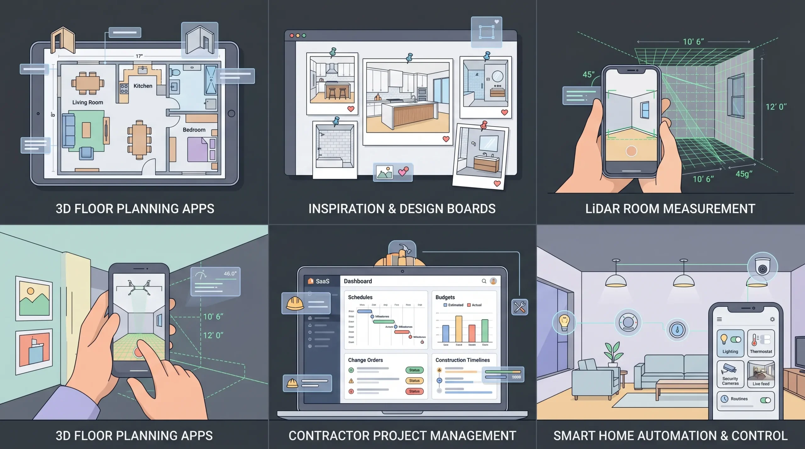 Visual breakdown of the five categories of home building apps including design, inspiration, measurements, project management, and smart-home automation.