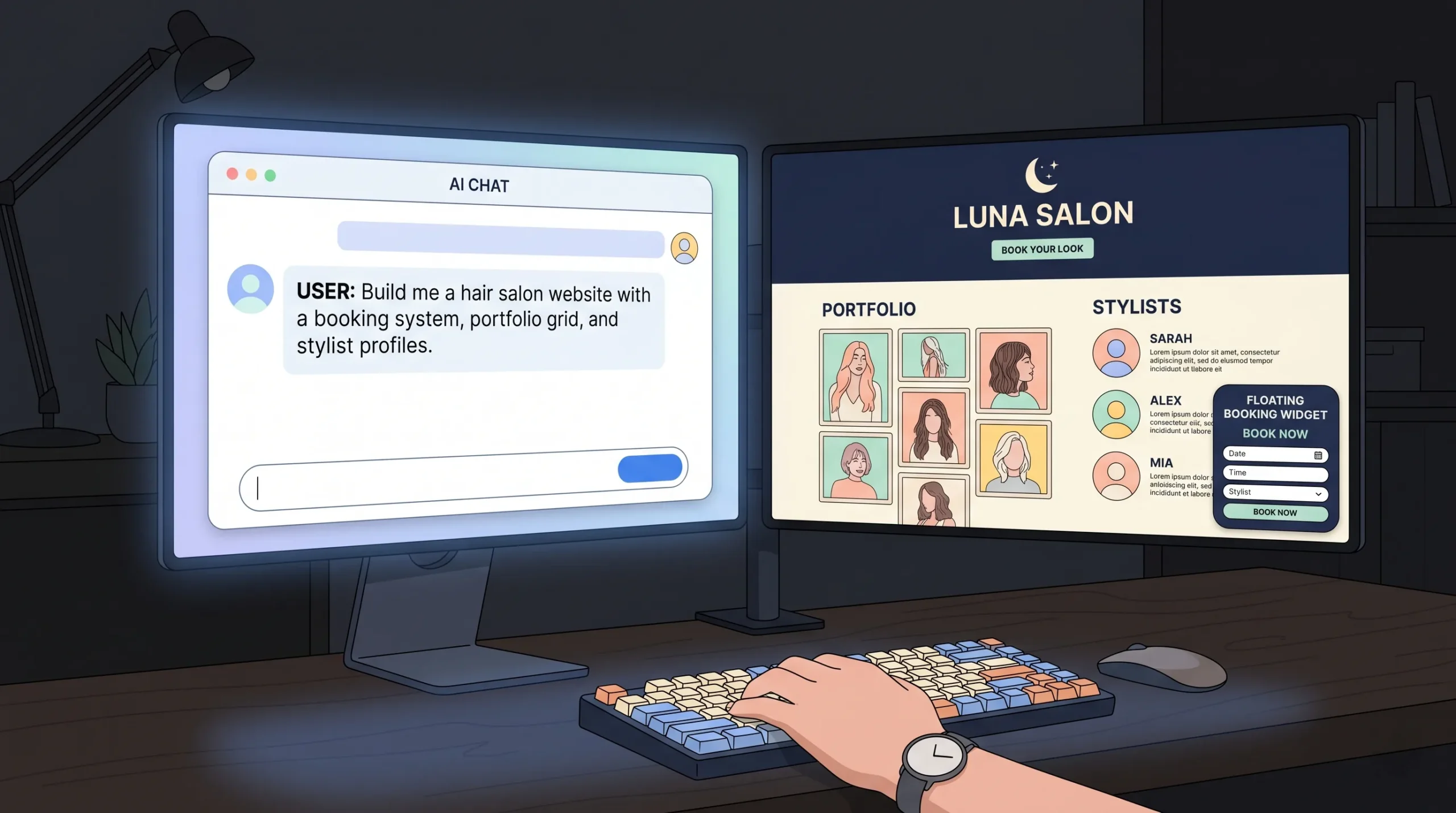 AI-generated hair salon website architecture shown on dual monitors — imagine.bo combines AI website generation with real engineer support