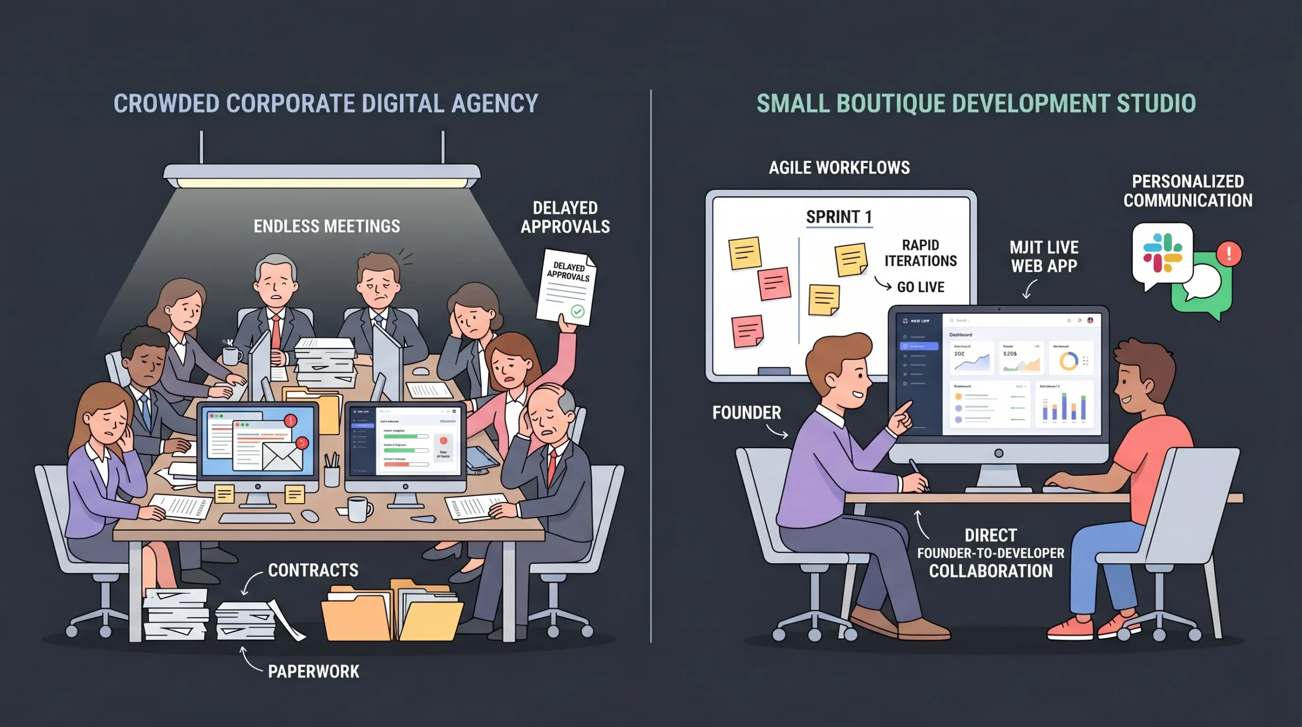 Comparison between slow corporate web agency workflow and agile boutique web development team