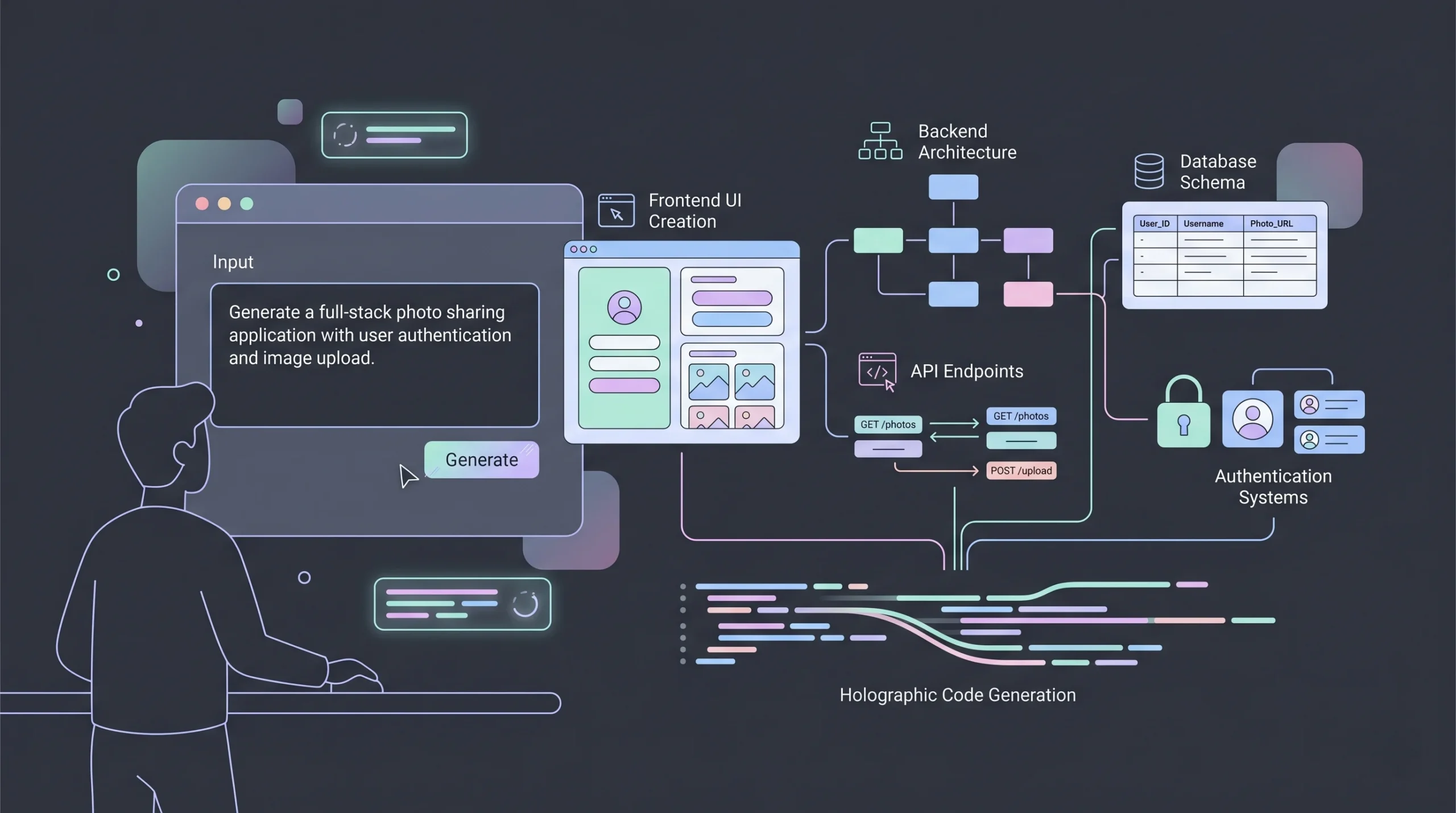 AI system generating frontend backend database and APIs from plain English prompt