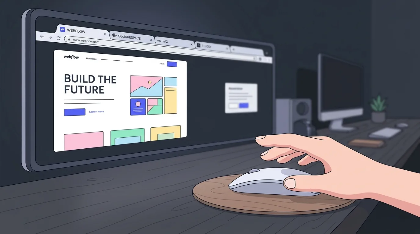 Close-up of a developer's screen showing multiple no-code website builder platforms open in browser tabs