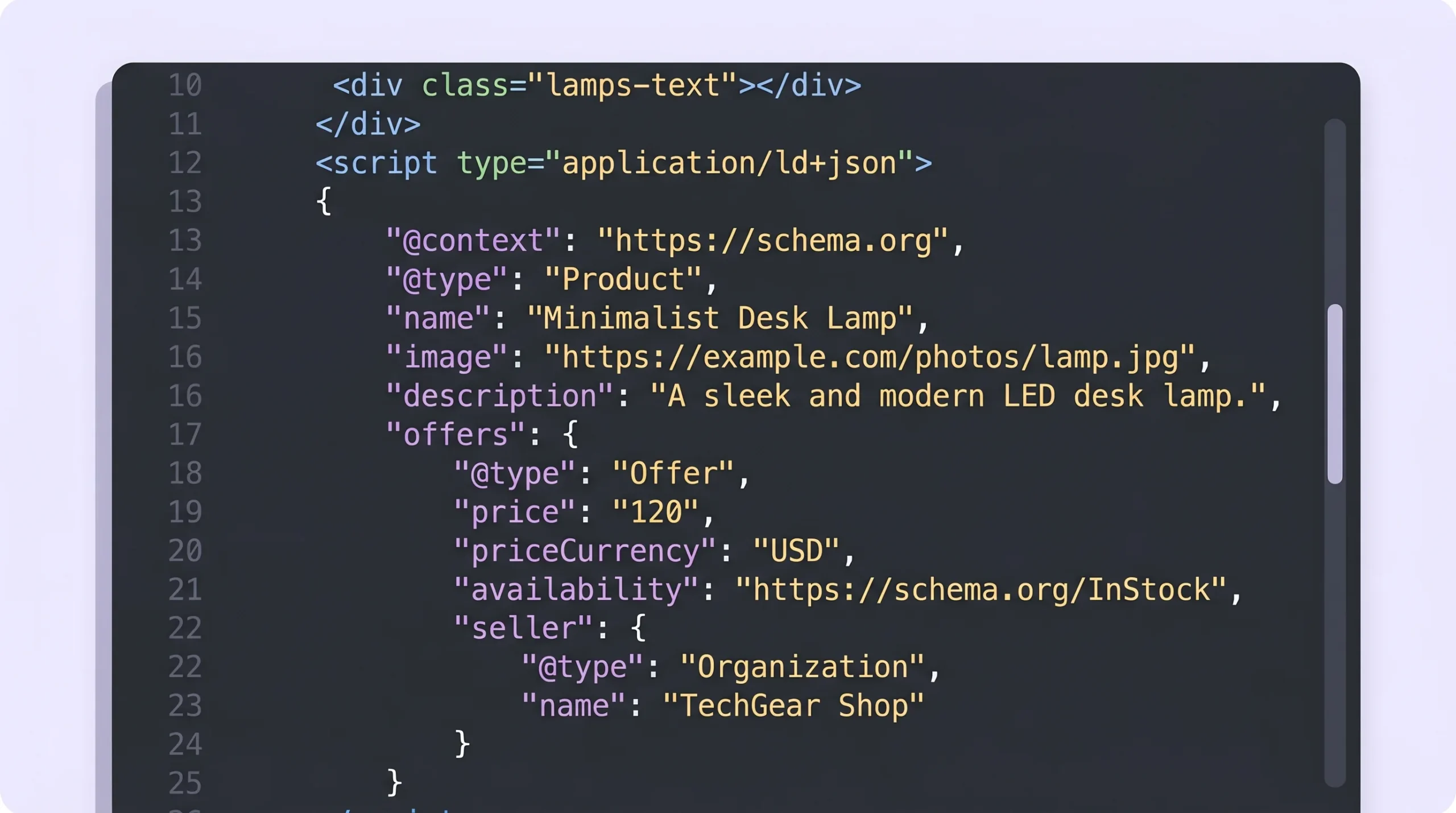 Code editor showing Schema.org Product structured data markup for classified ad listing SEO optimization