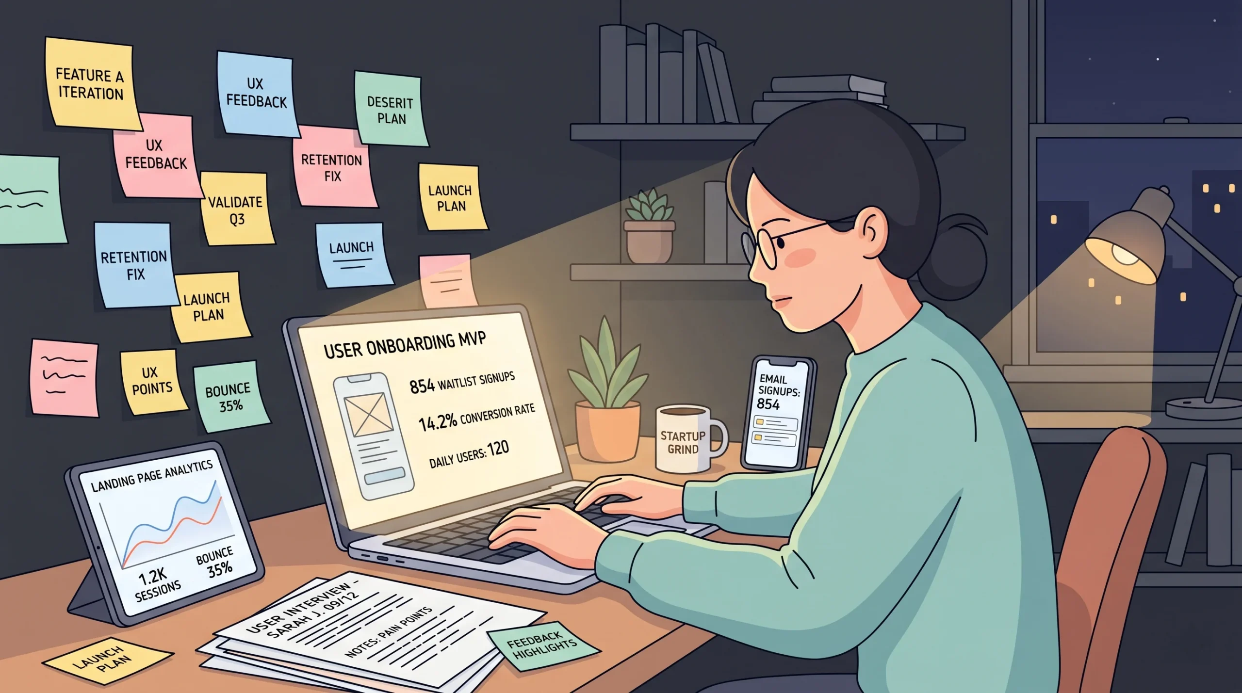 Startup founder validating an app idea using customer interviews, analytics, and landing page testing before building the product.