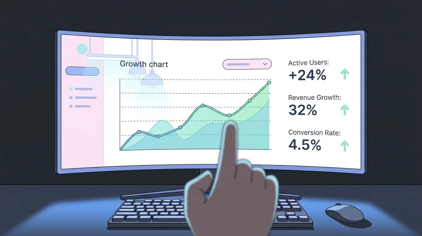 Close-up of a monitor displaying a website analytics dashboard with growth charts showing low-code market expansion