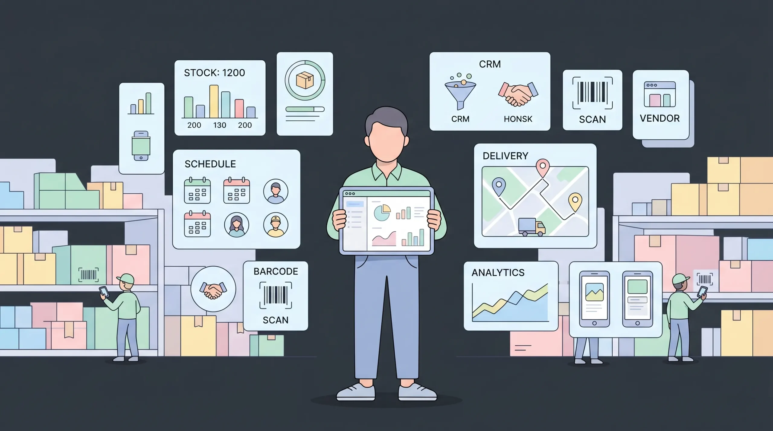 Operations manager using an AI-powered inventory and service management app inside a modern warehouse in 2026.